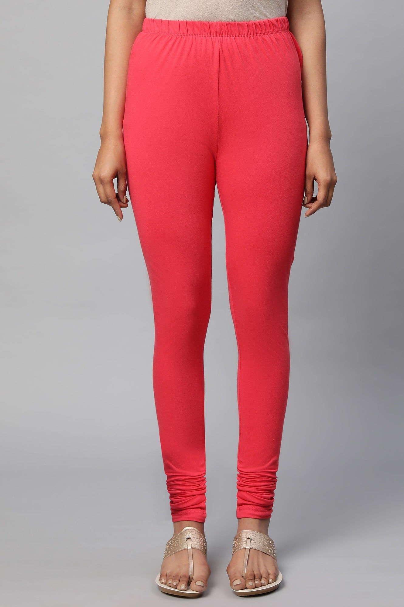 Red Solid Skinny Fit Cotton Churidar With Elasticated Waistband