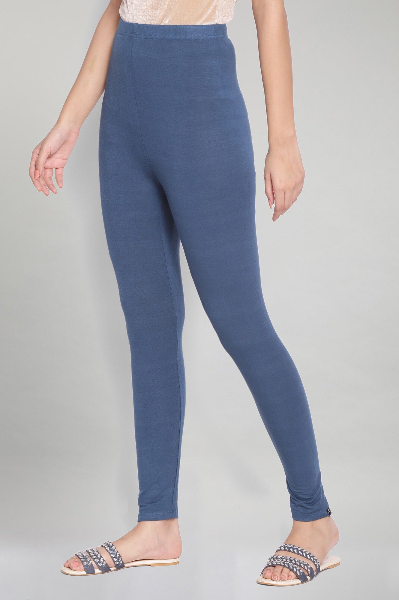 Dark Blue Solid Skinny Fit Tights With Elasticated Waistband