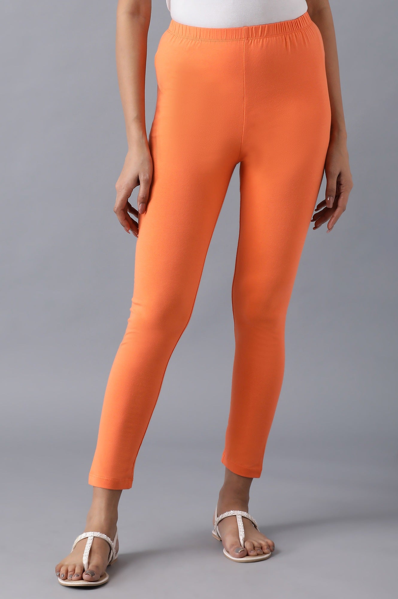 Orange Solid Skinny Fit Cotton Tights With Elasticated Waistband