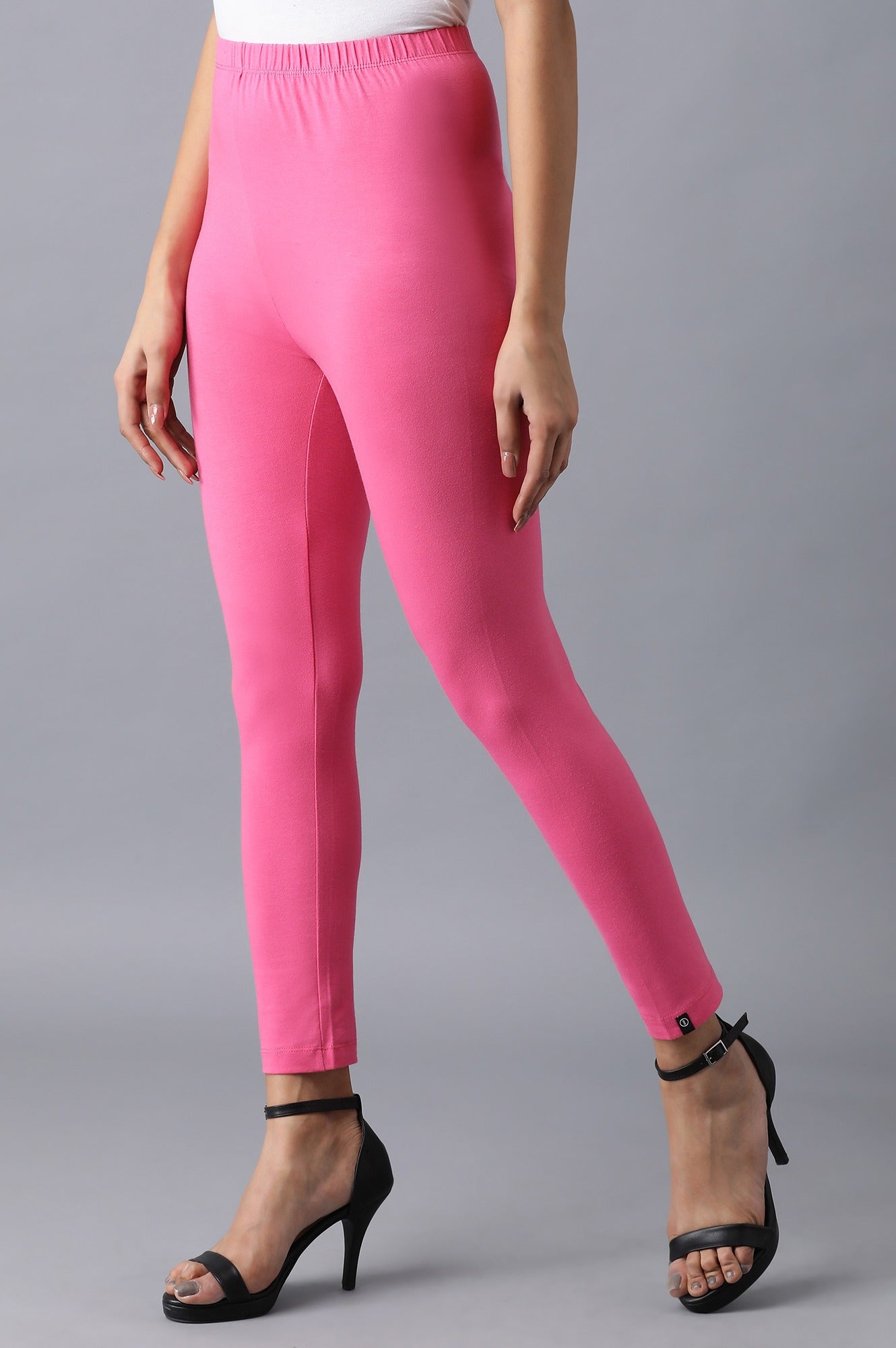 Pink Solid Skinny Fit Cotton Tights With Elasticated Waistband