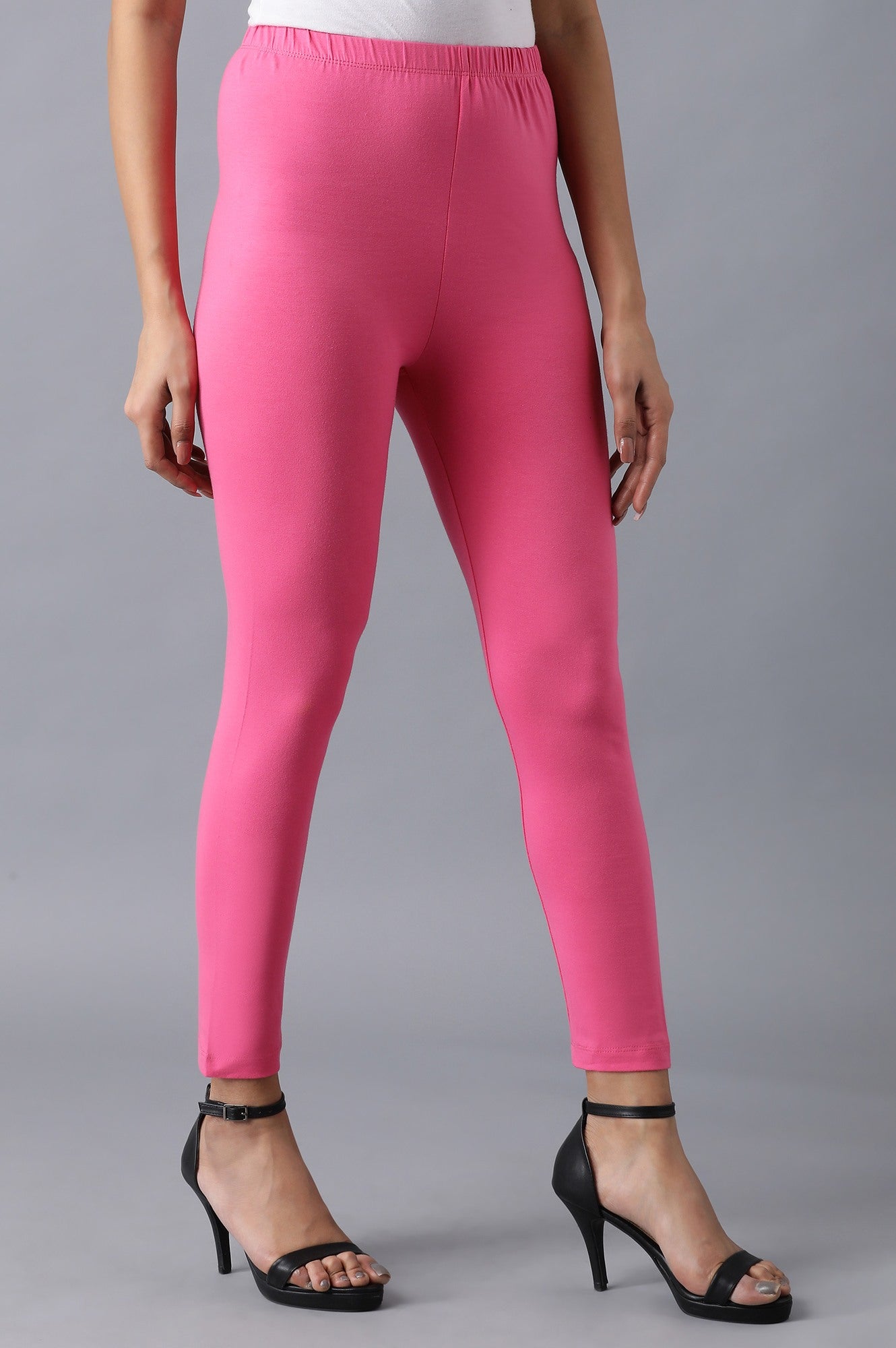 Pink Solid Skinny Fit Cotton Tights With Elasticated Waistband