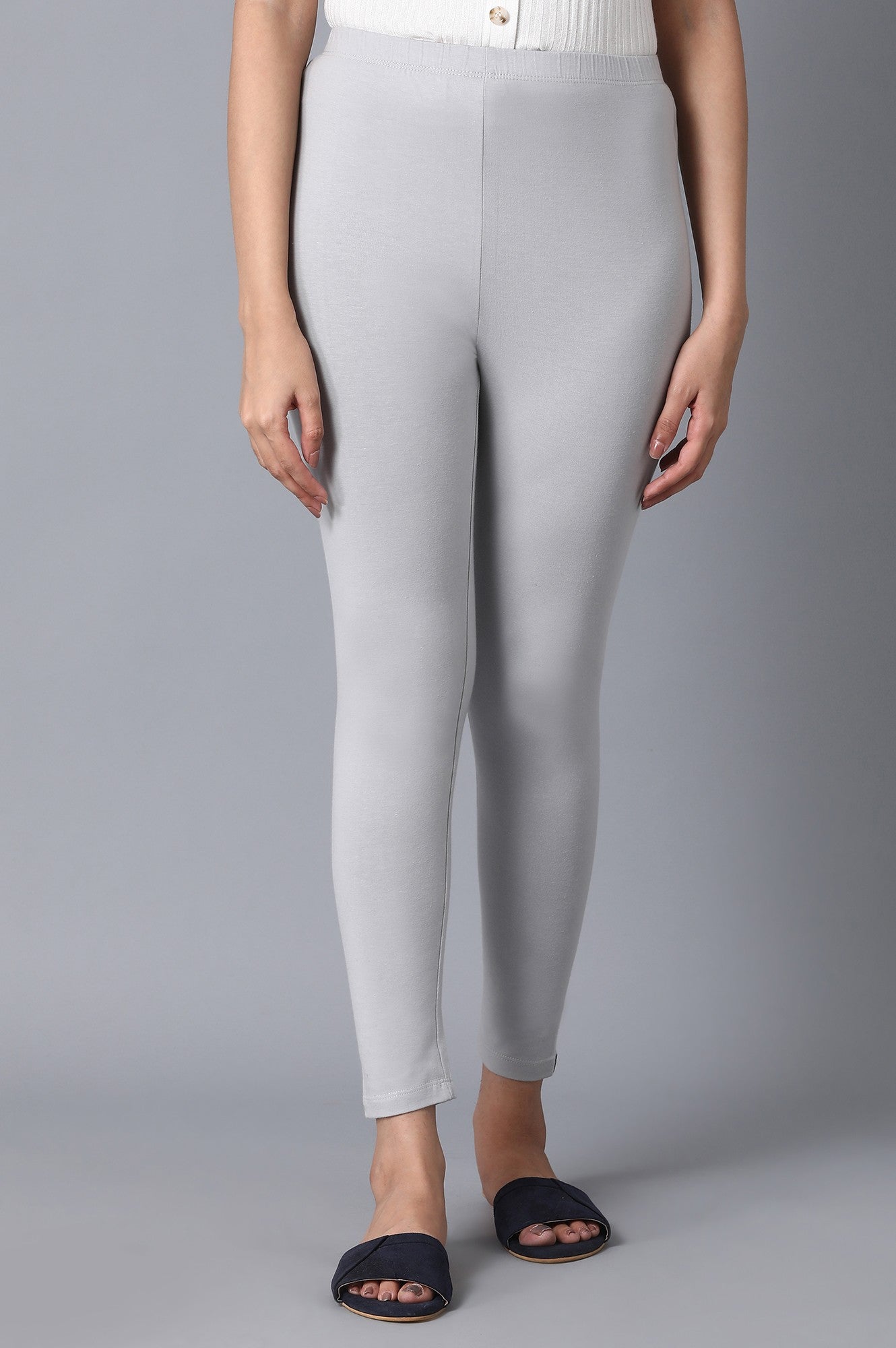 Grey Solid Skinny Fit Cotton Tights With Elasticated Waistband