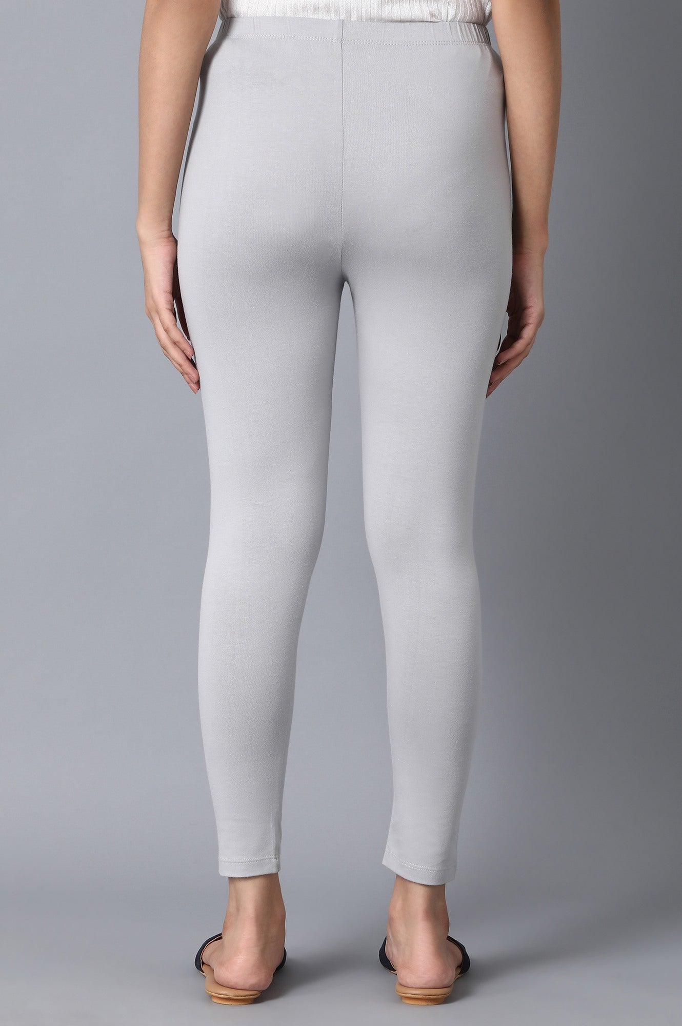 Grey Solid Skinny Fit Cotton Tights With Elasticated Waistband