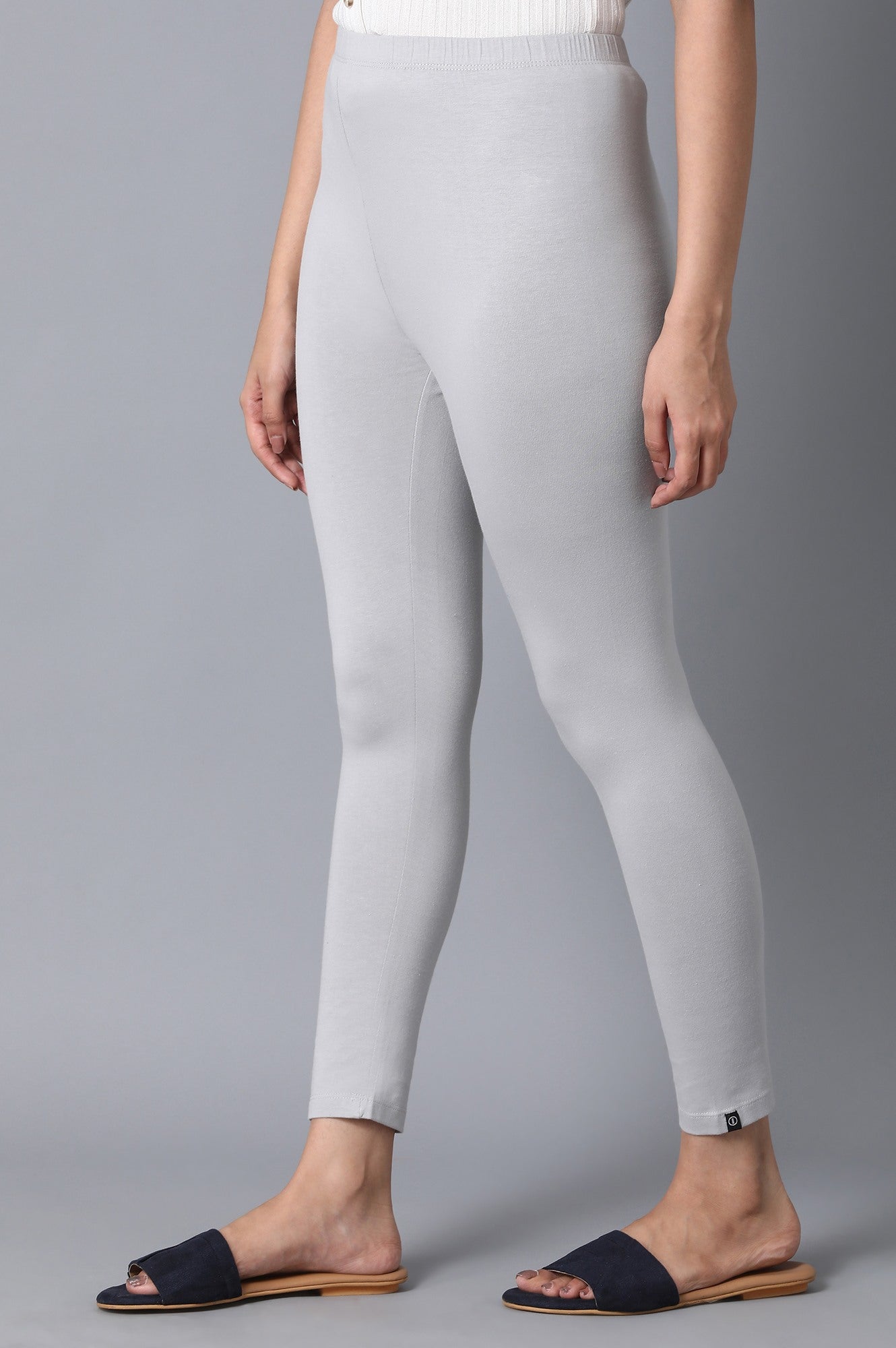 Grey Solid Skinny Fit Cotton Tights With Elasticated Waistband