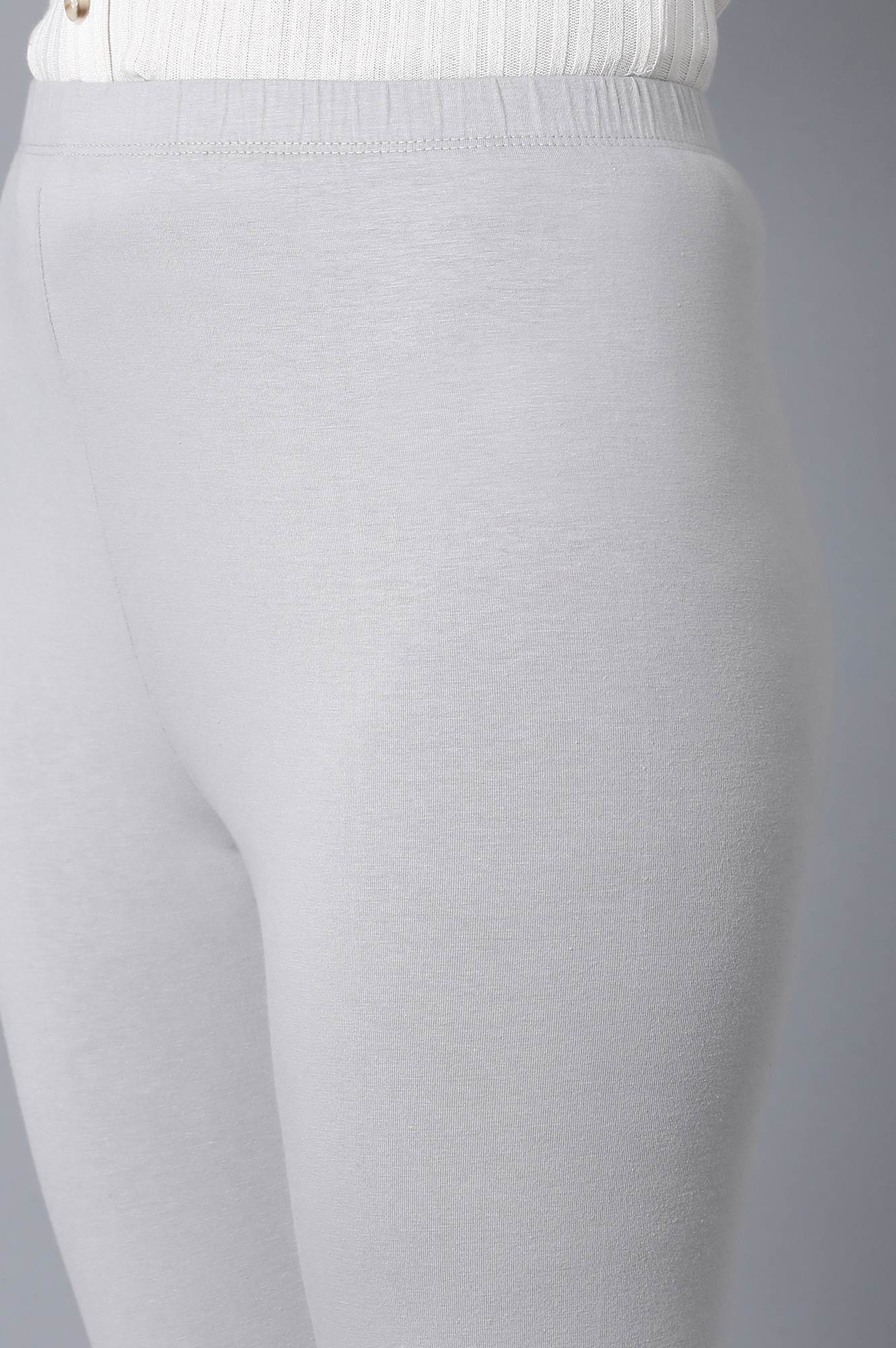 Grey Solid Skinny Fit Cotton Tights With Elasticated Waistband