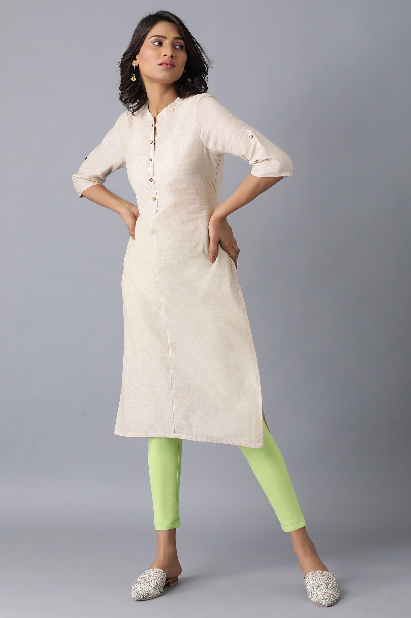 Light Green Solid Skinny Fit Cotton Tights With Elasticated Waistband