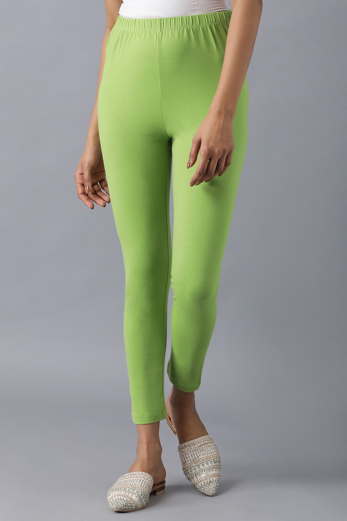 Light Green Solid Skinny Fit Cotton Tights With Elasticated Waistband