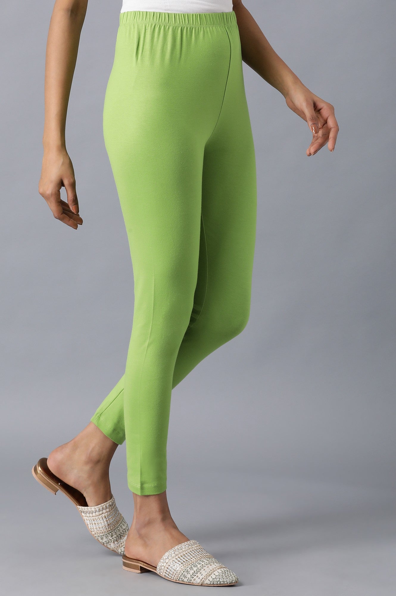 Light Green Solid Skinny Fit Cotton Tights With Elasticated Waistband