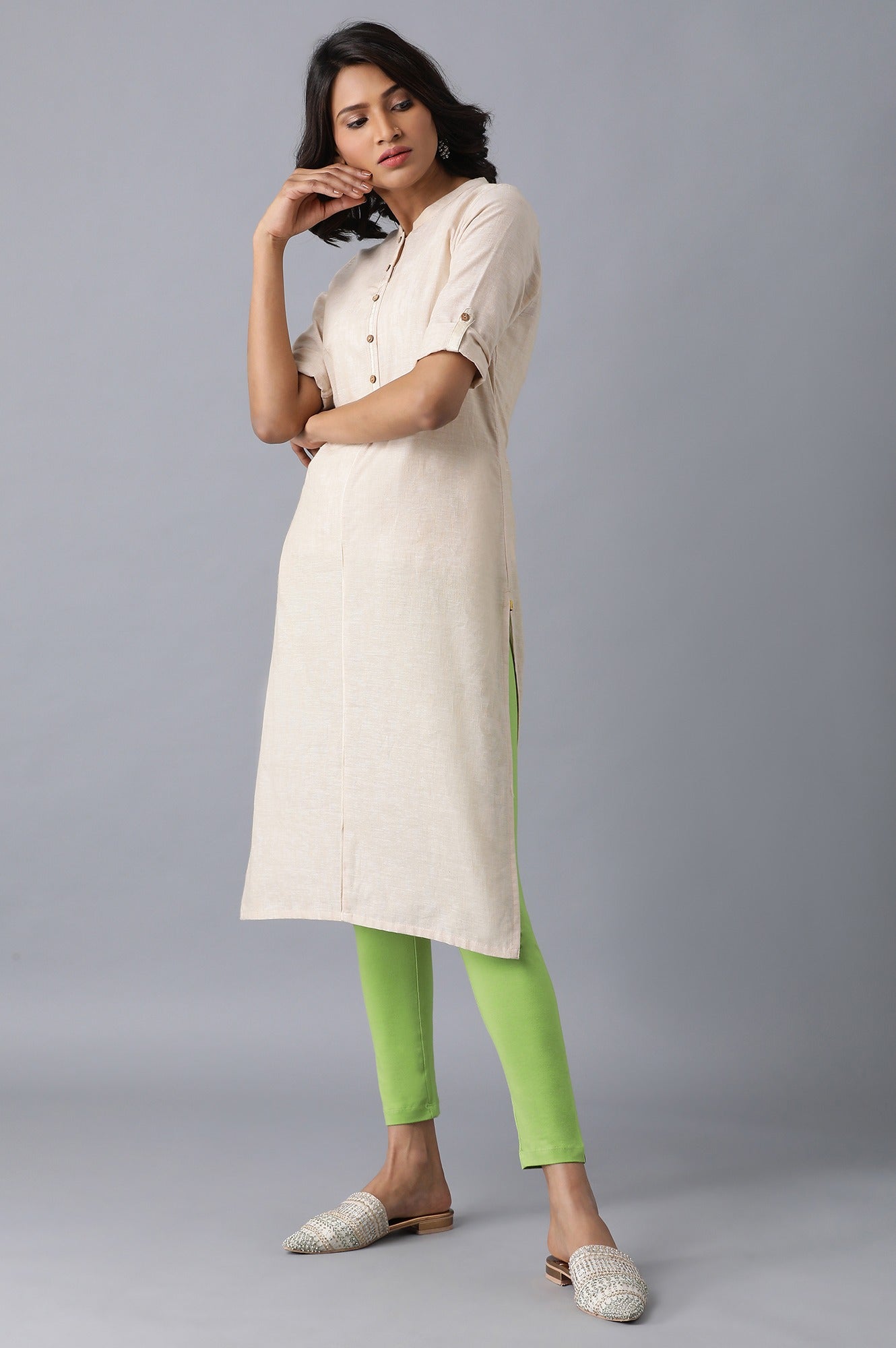 Light Green Solid Skinny Fit Cotton Tights With Elasticated Waistband