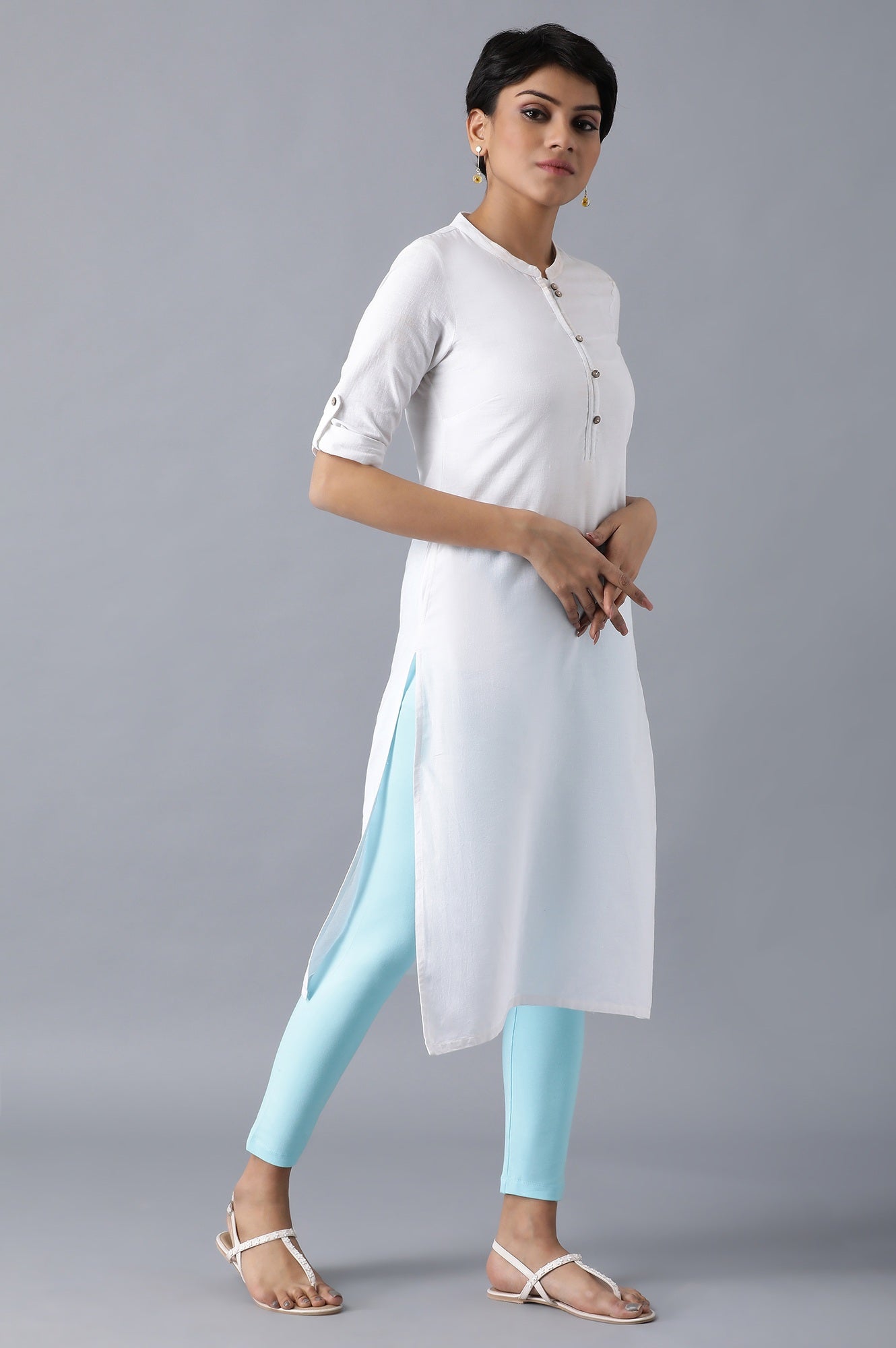 Light Blue Solid Skinny Fit Cotton Tights With Elasticated Waistband