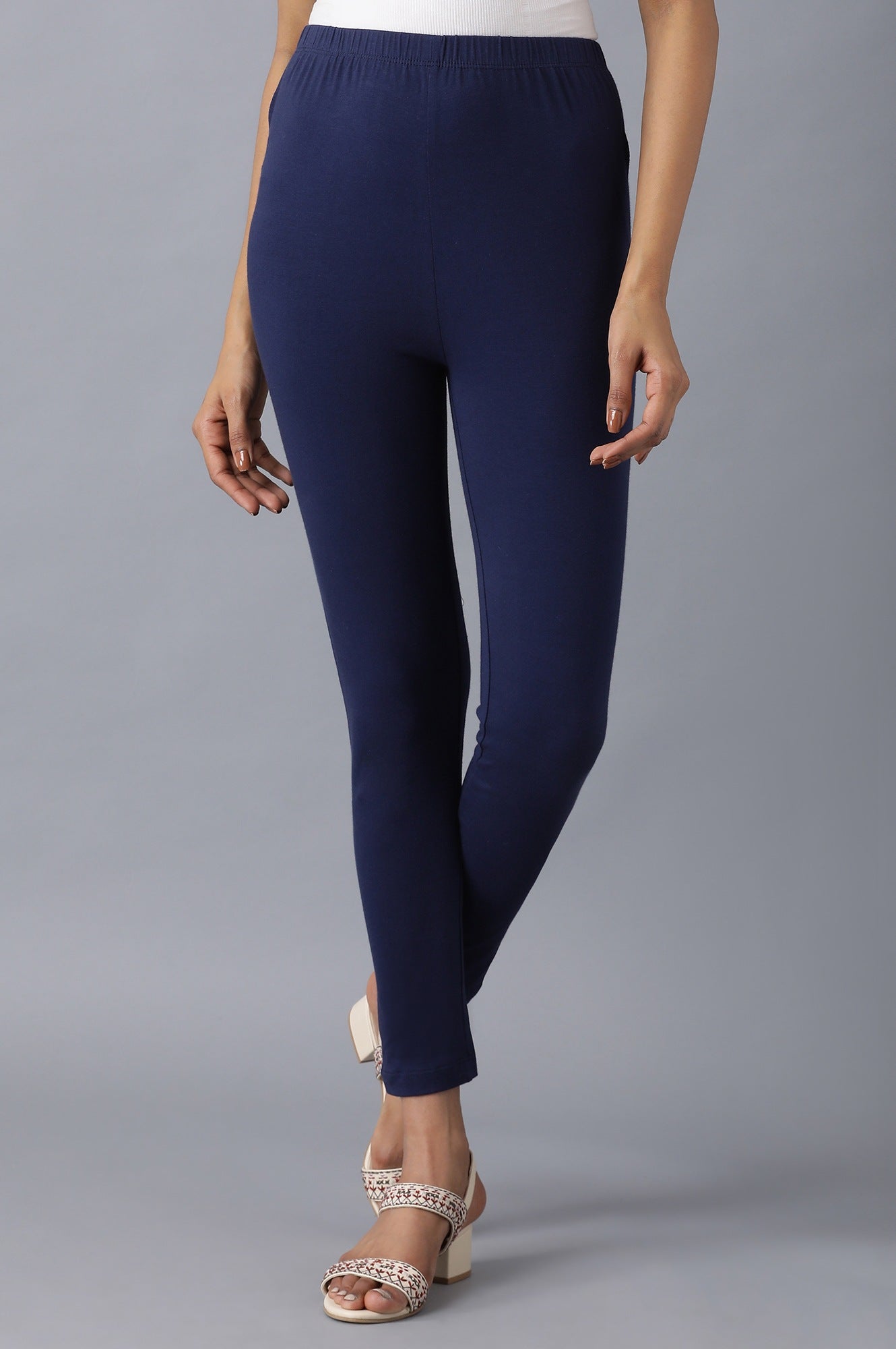 Navy Blue Solid Skinny Fit Cotton Tights With Elasticated Waistband