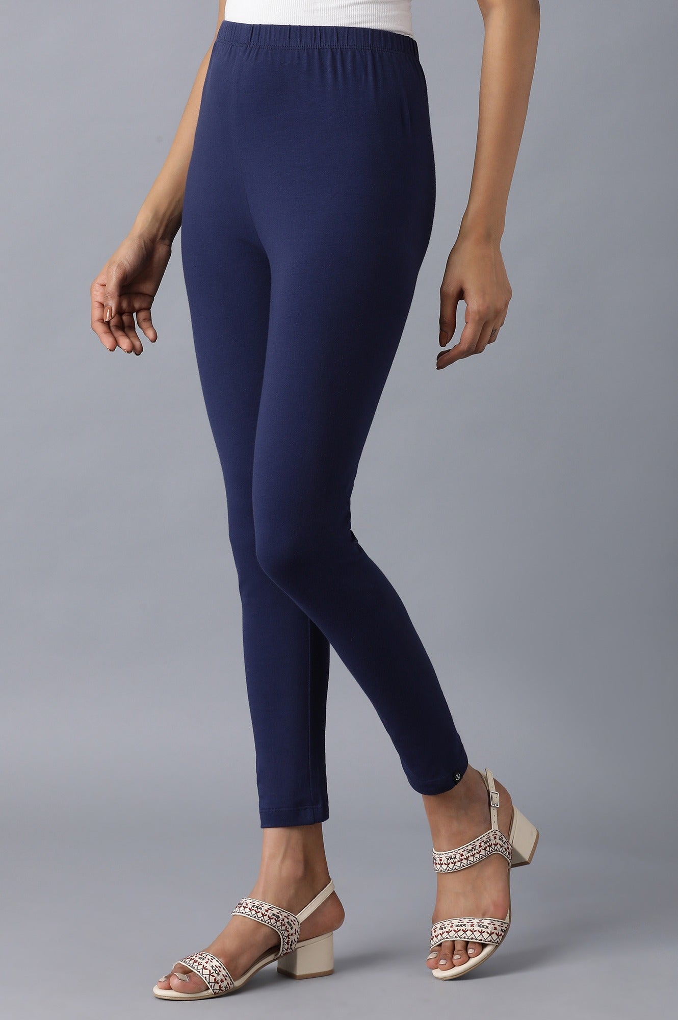 Navy Blue Solid Skinny Fit Cotton Tights With Elasticated Waistband