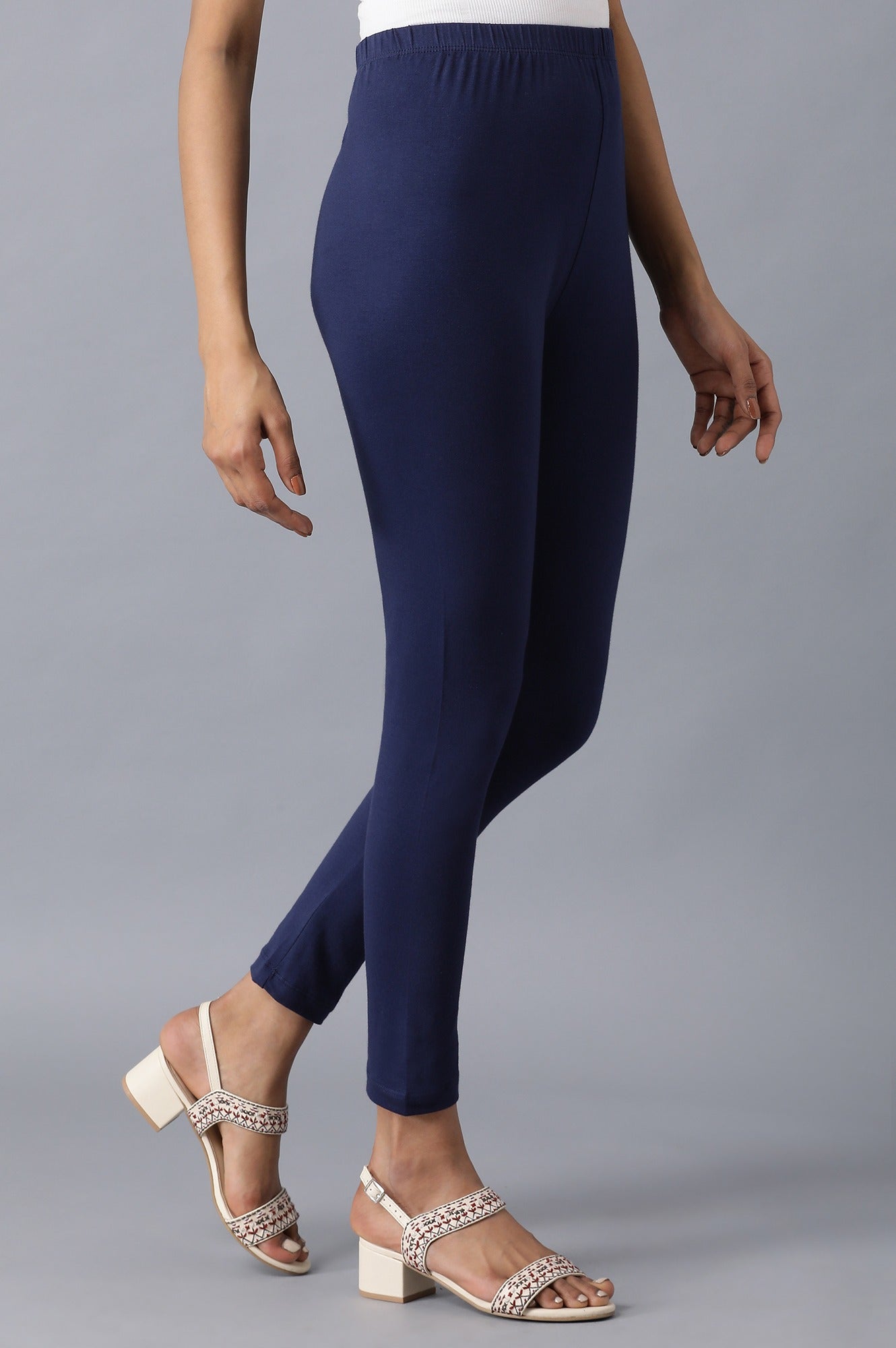 Navy Blue Solid Skinny Fit Cotton Tights With Elasticated Waistband