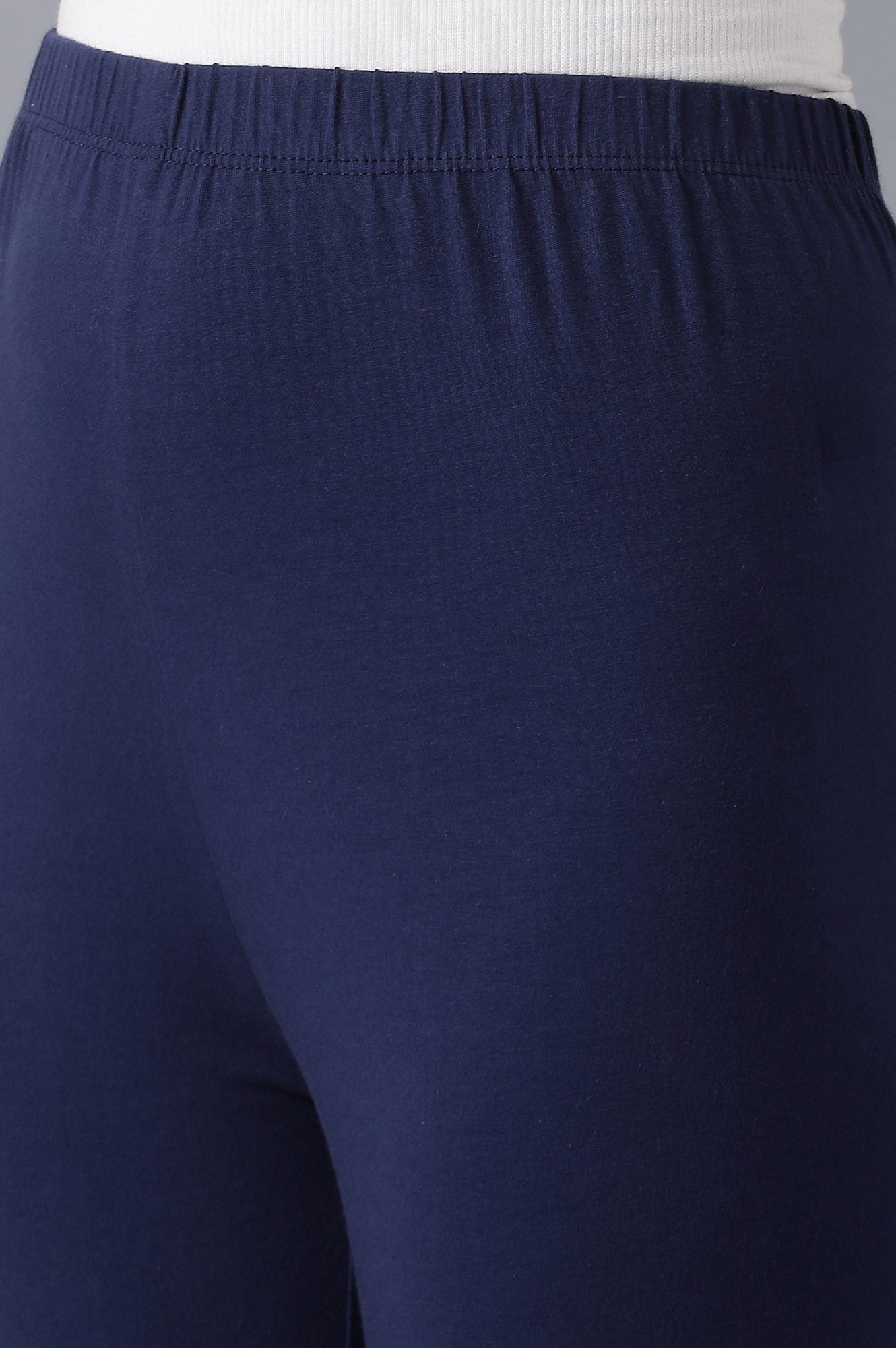 Navy Blue Solid Skinny Fit Cotton Tights With Elasticated Waistband