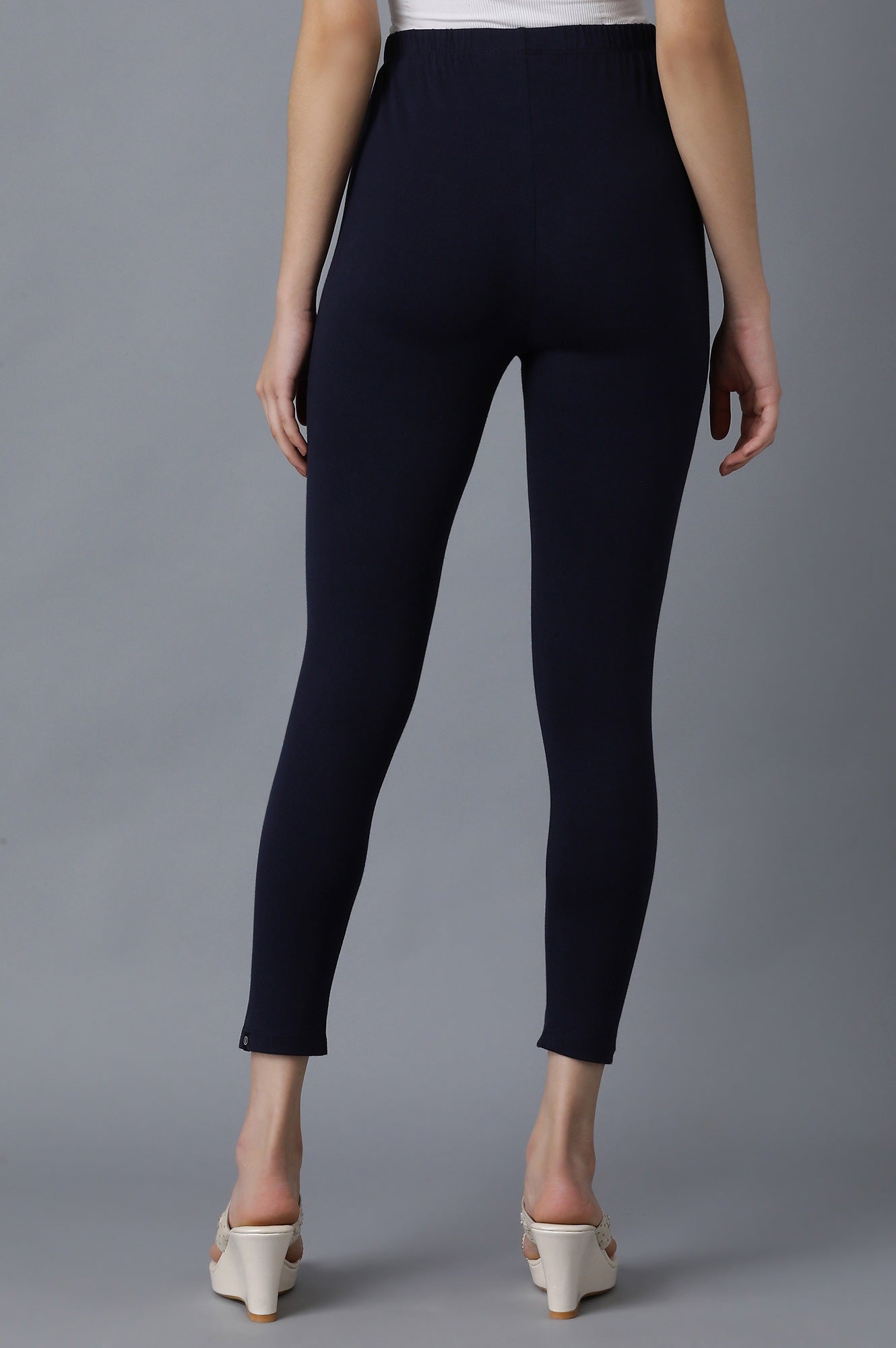 Navy Blue Solid Skinny Fit Cotton Tights With Elasticated Waistband