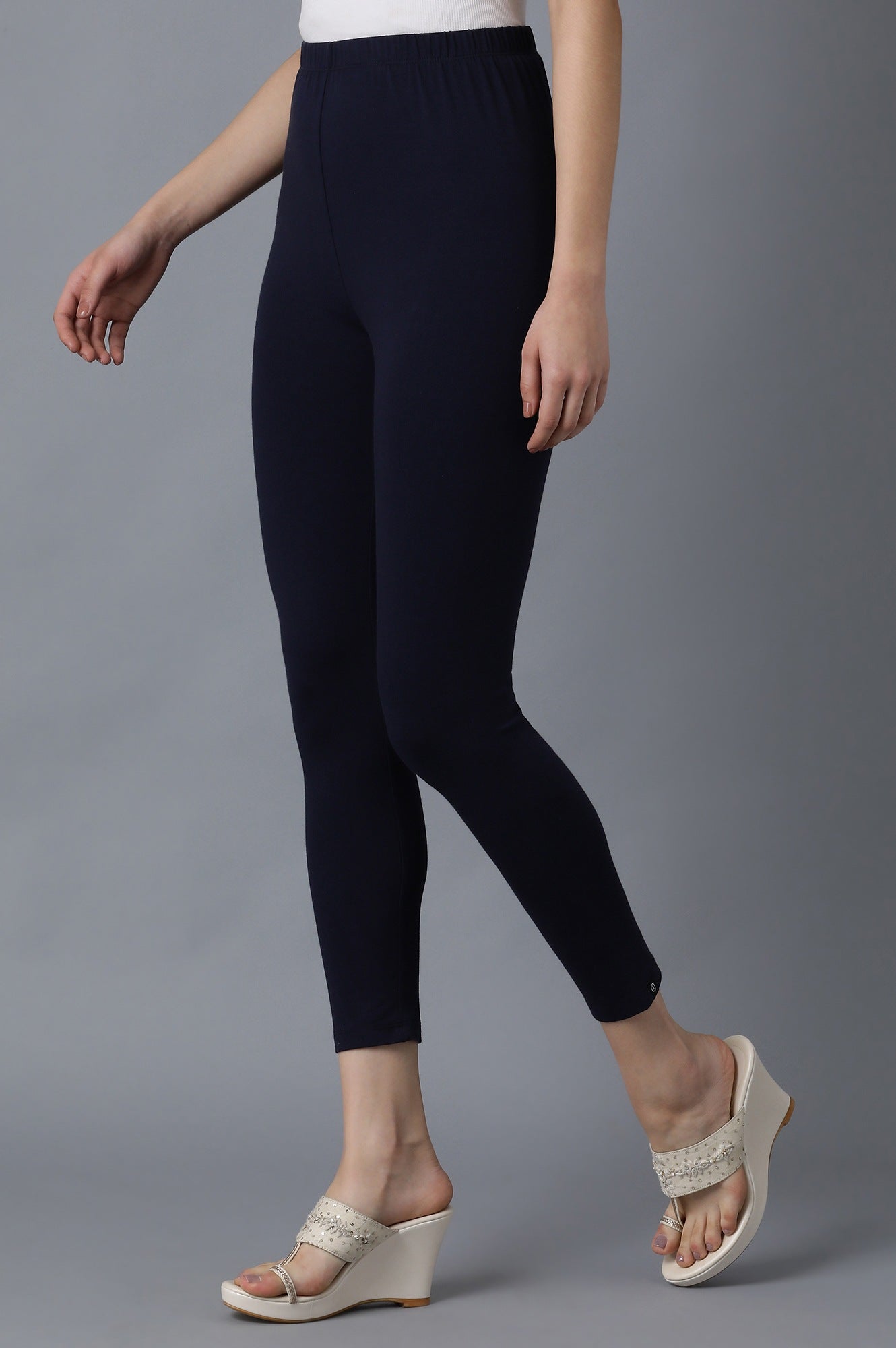 Navy Blue Solid Skinny Fit Cotton Tights With Elasticated Waistband