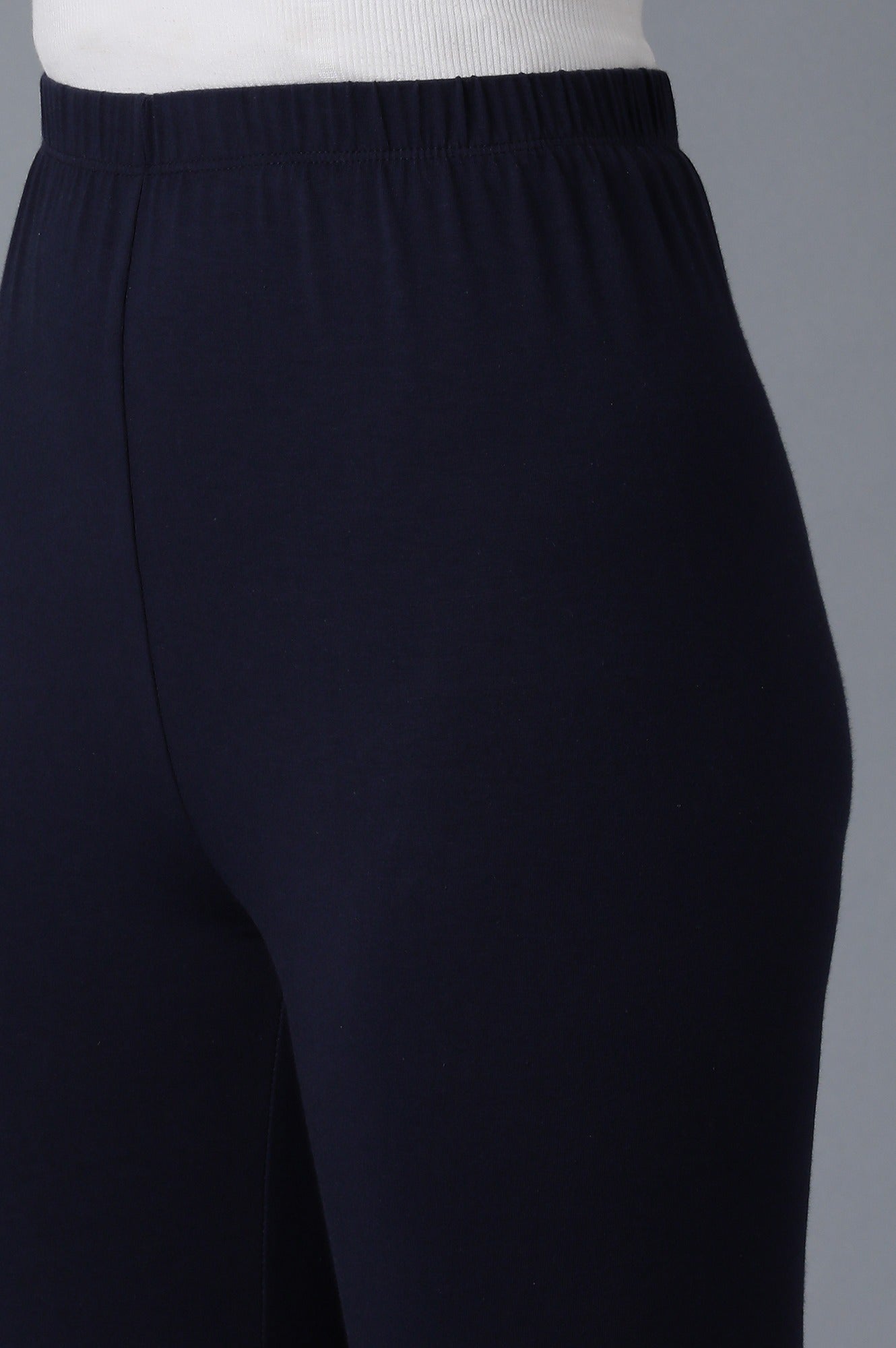 Navy Blue Solid Skinny Fit Cotton Tights With Elasticated Waistband