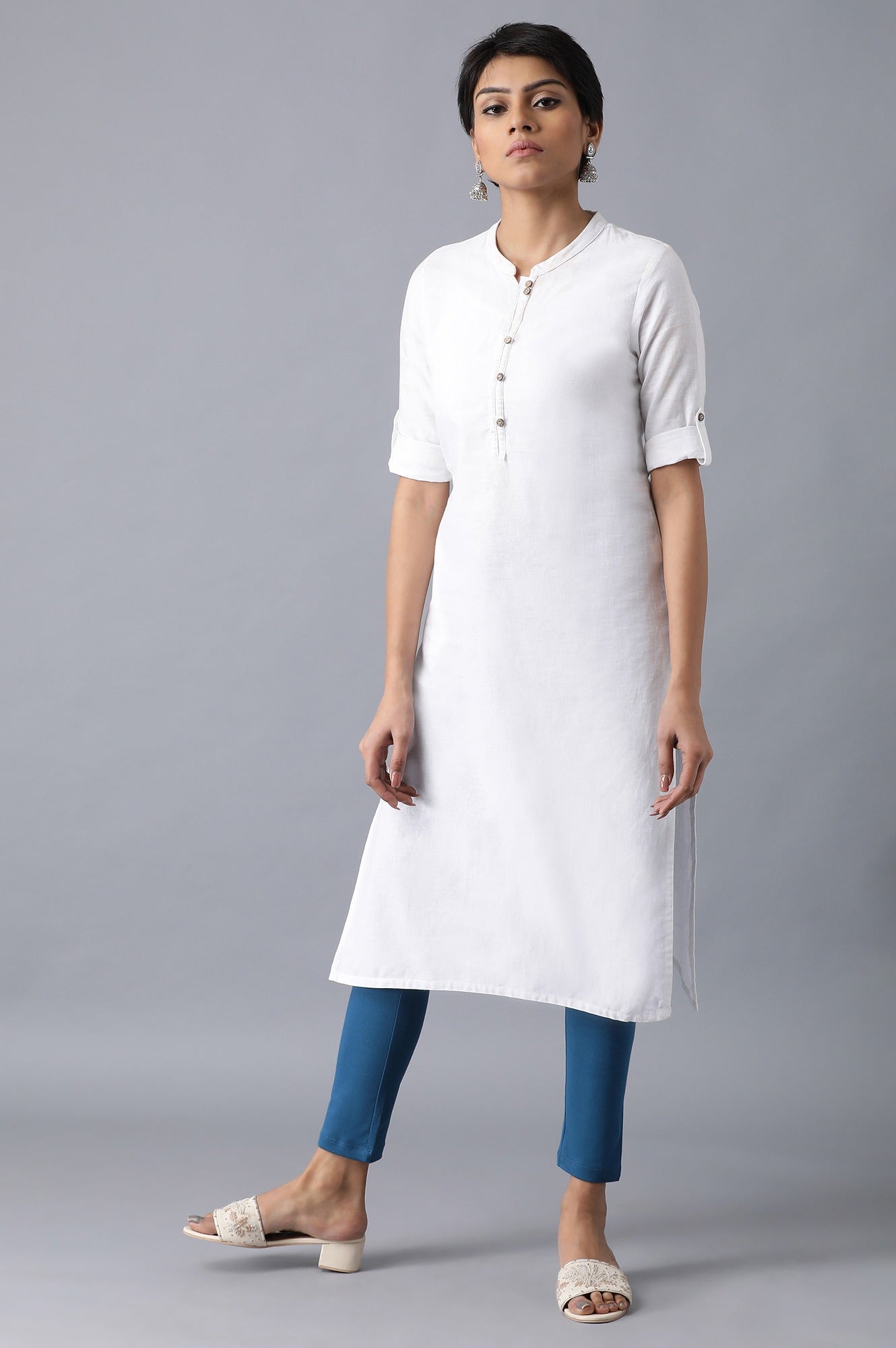 Blue Solid Skinny Fit Cotton Tights With Elasticated Waistband