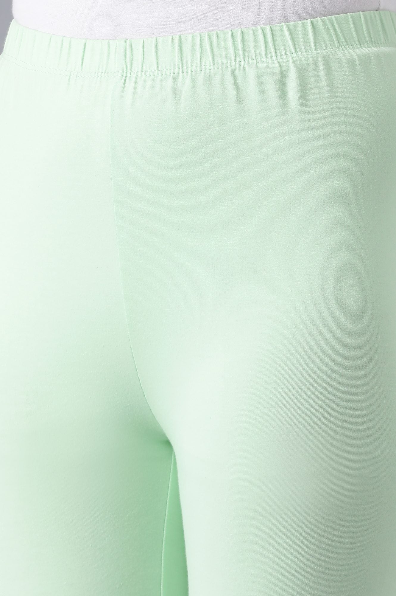 Light Green Solid Skinny Fit Cotton Tights With Elasticated Waistband