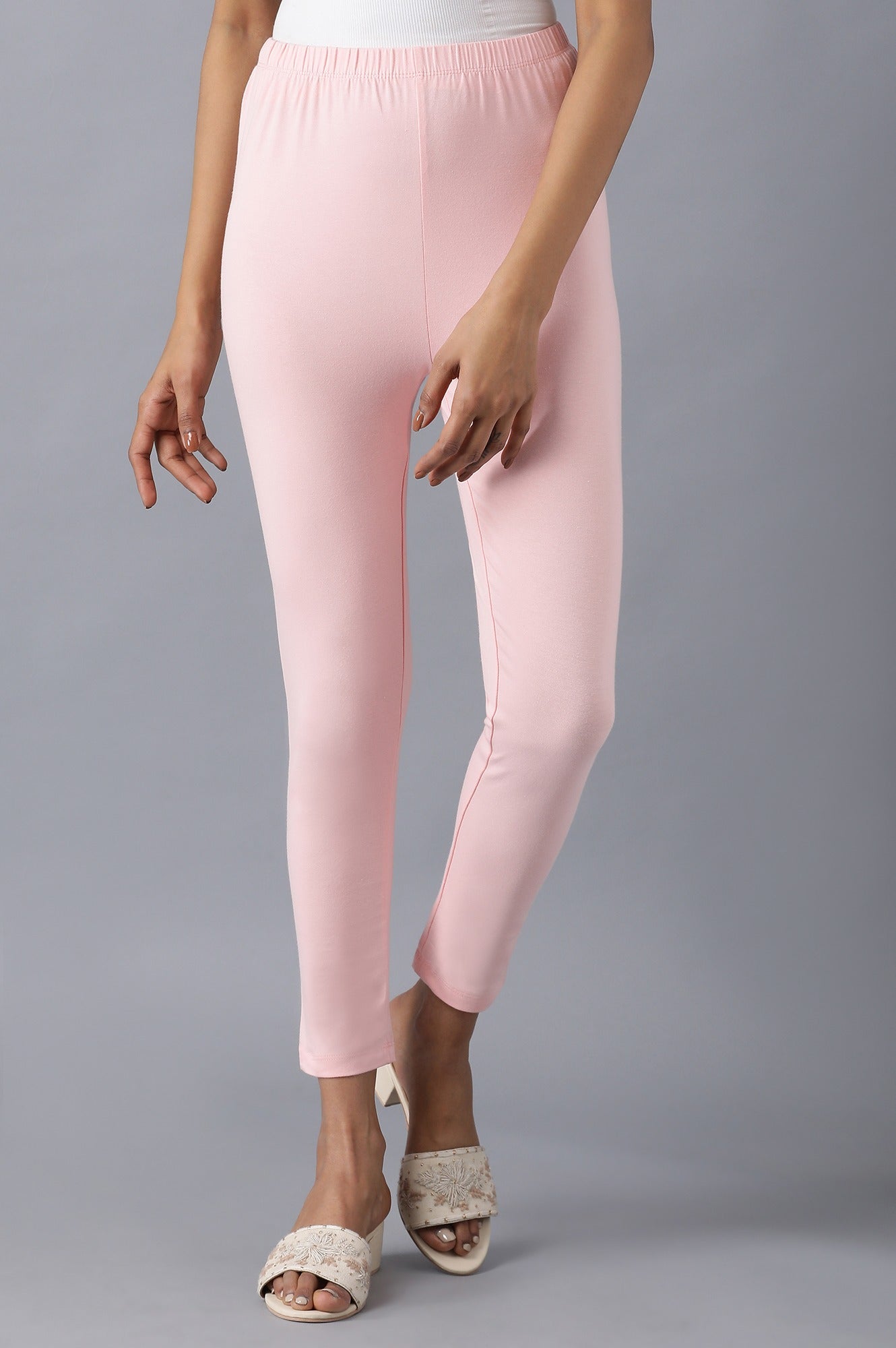 Pink Solid Skinny Fit Cotton Tights With Elasticated Waistband