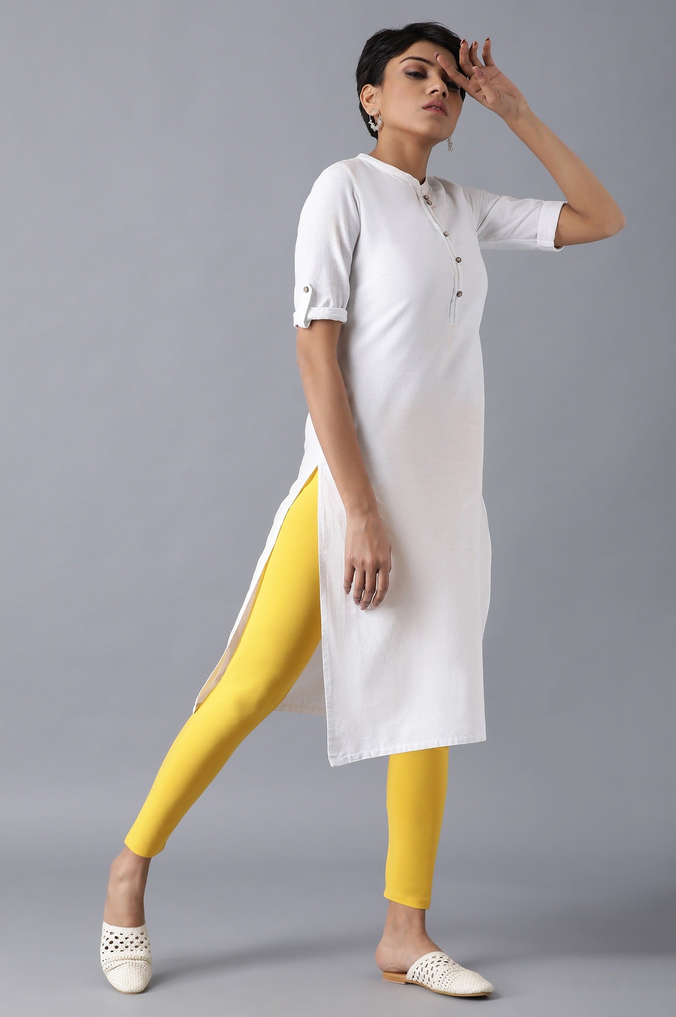Yellow Solid Skinny Fit Cotton Tights With Elasticated Waistband