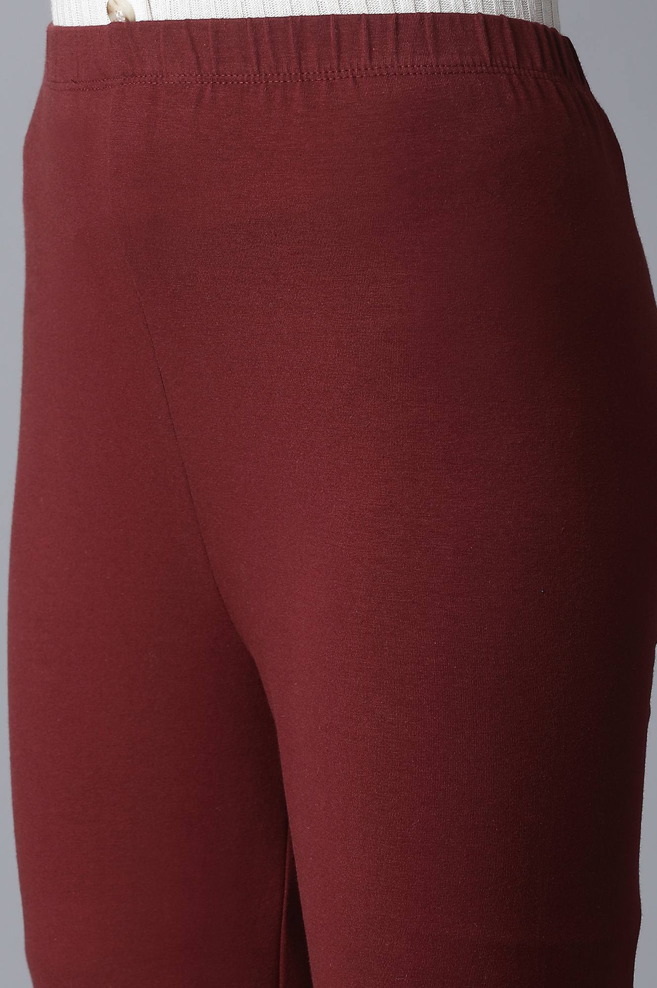 Maroon Solid Skinny Fit Cotton Tights With Elasticated Waistband