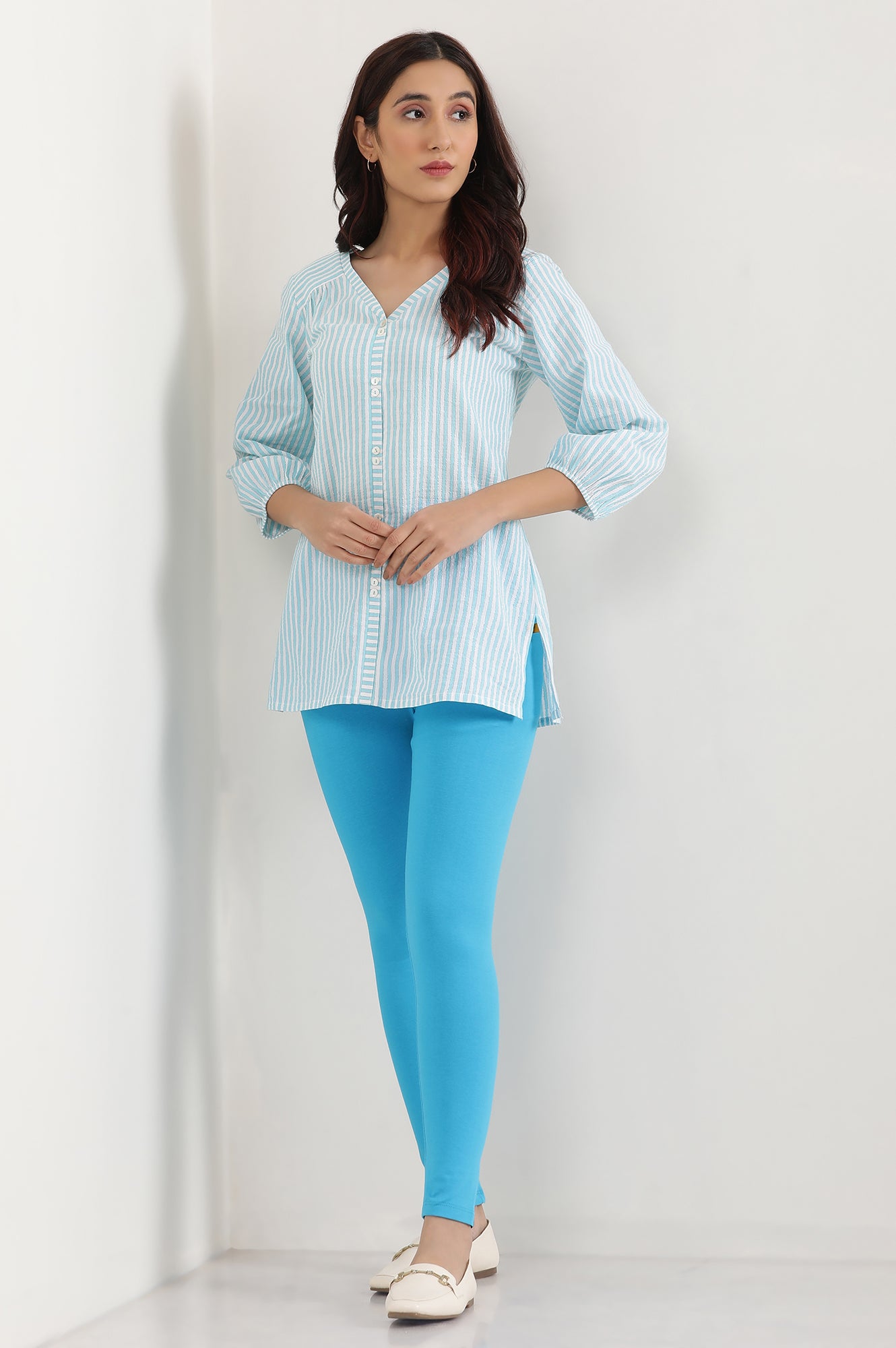 Blue Solid Skinny Fit Cotton Tights With Elasticated Waistband