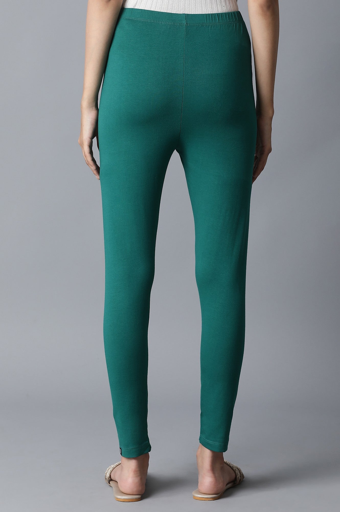 Green Solid Skinny Fit Cotton Tights With Elasticated Waistband