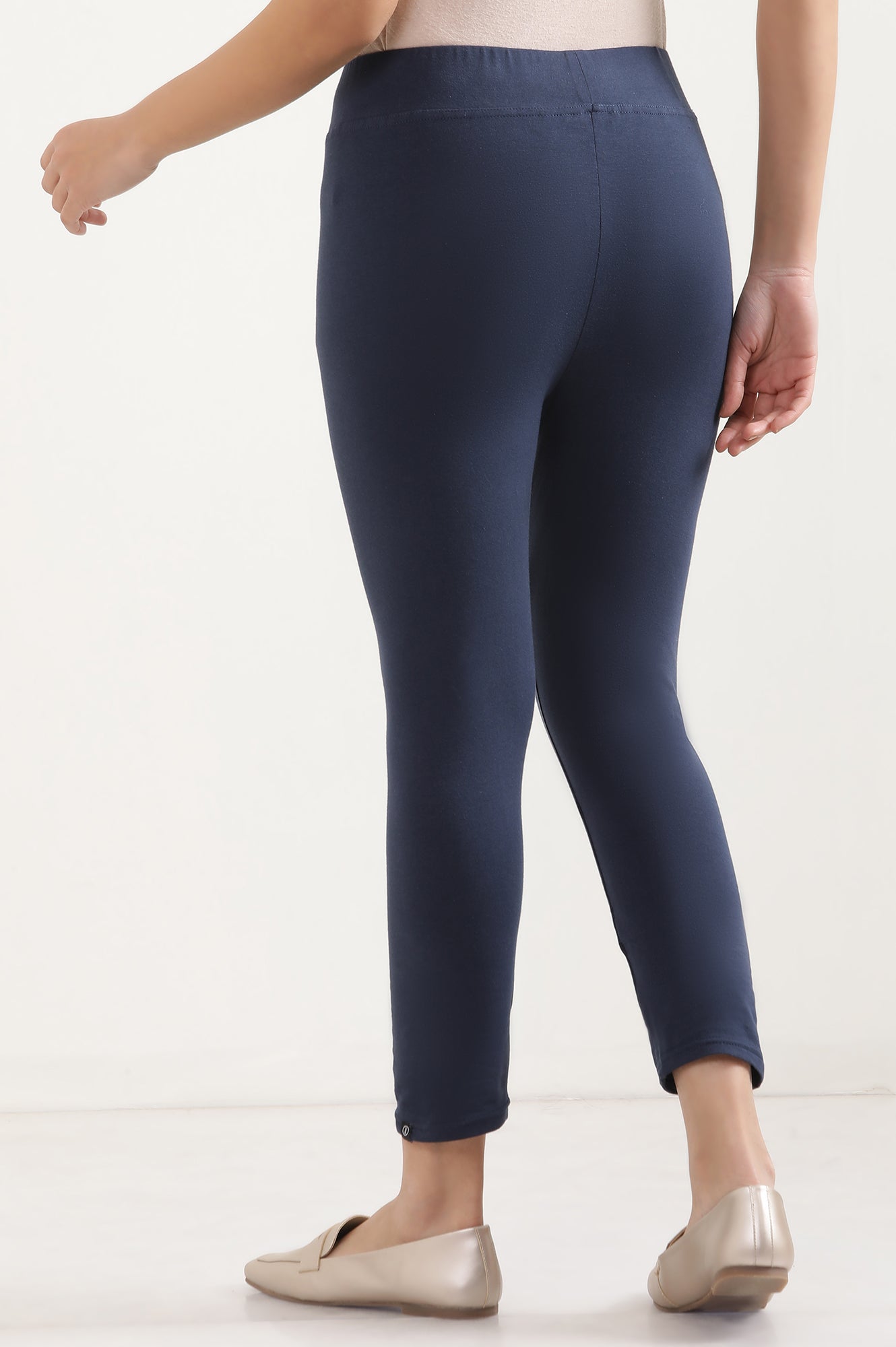 Navy Blue Solid Skinny Fit Cotton Cropped Tights With Elasticated Waistband