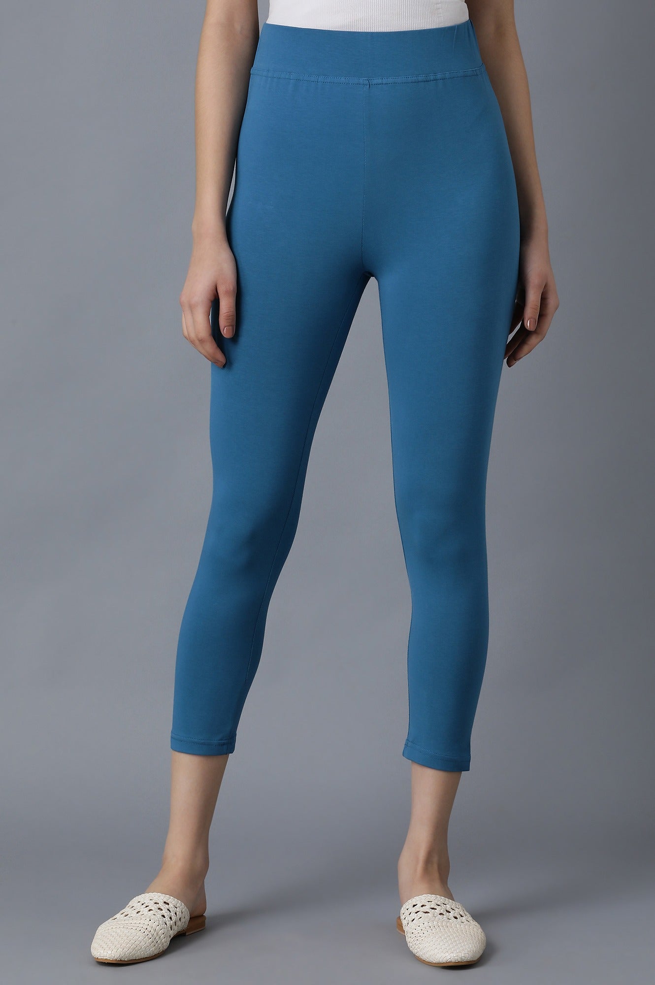 Blue Solid Skinny Fit Cotton Tights With Elasticated Waistband
