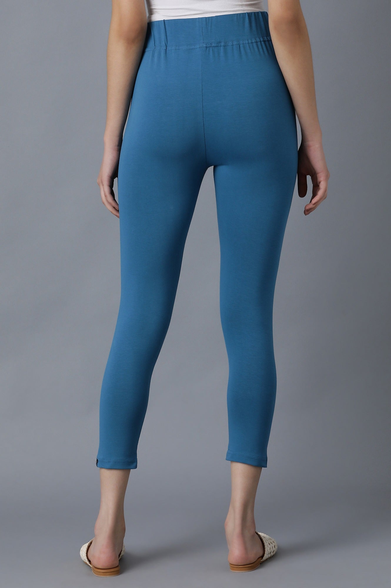 Blue Solid Skinny Fit Cotton Tights With Elasticated Waistband