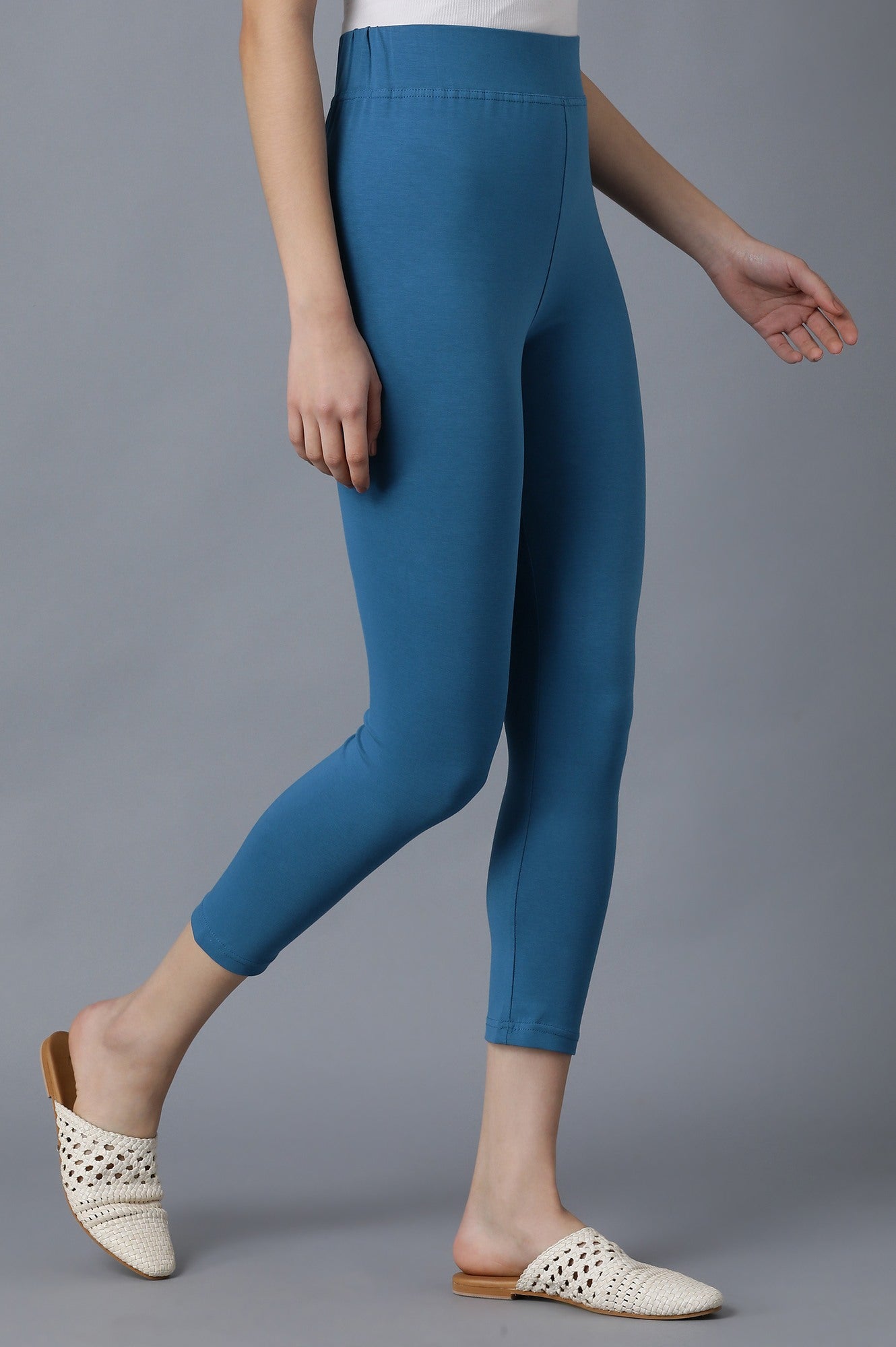 Blue Solid Skinny Fit Cotton Tights With Elasticated Waistband