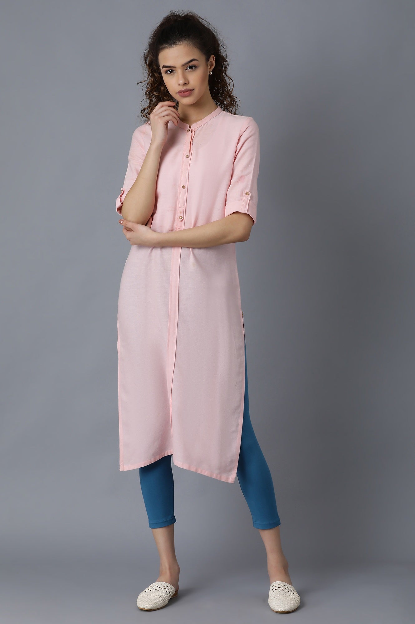 Blue Solid Skinny Fit Cotton Tights With Elasticated Waistband