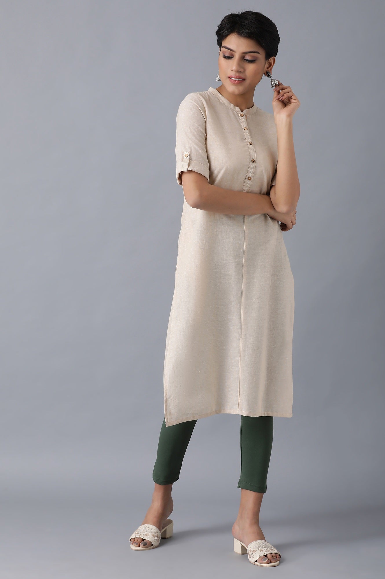 Green Solid Skinny Fit Cotton Tights With Elasticated Waistband