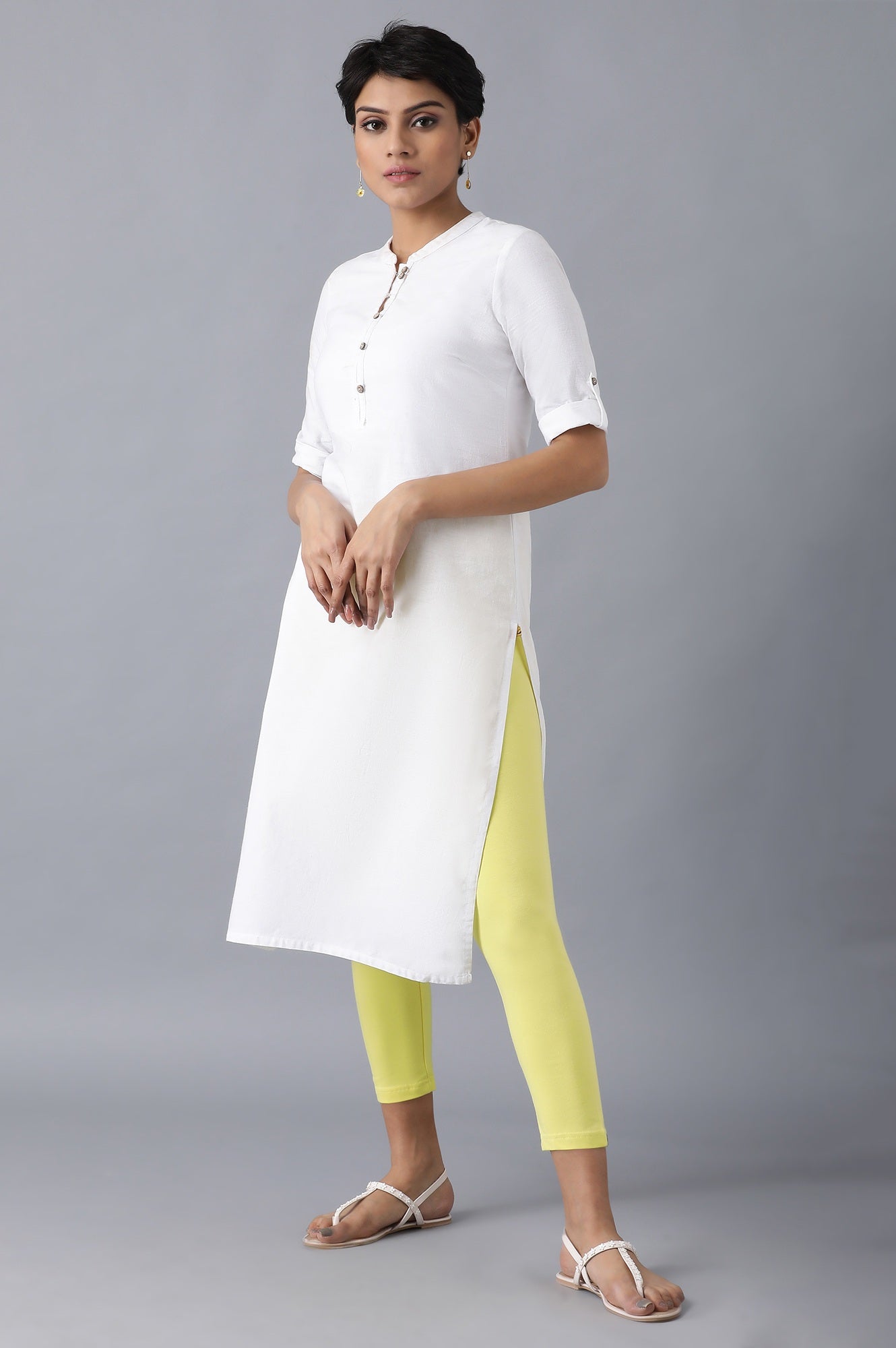 Yellow Solid Skinny Fit Cotton Cropped Tights With Elasticated Waistband