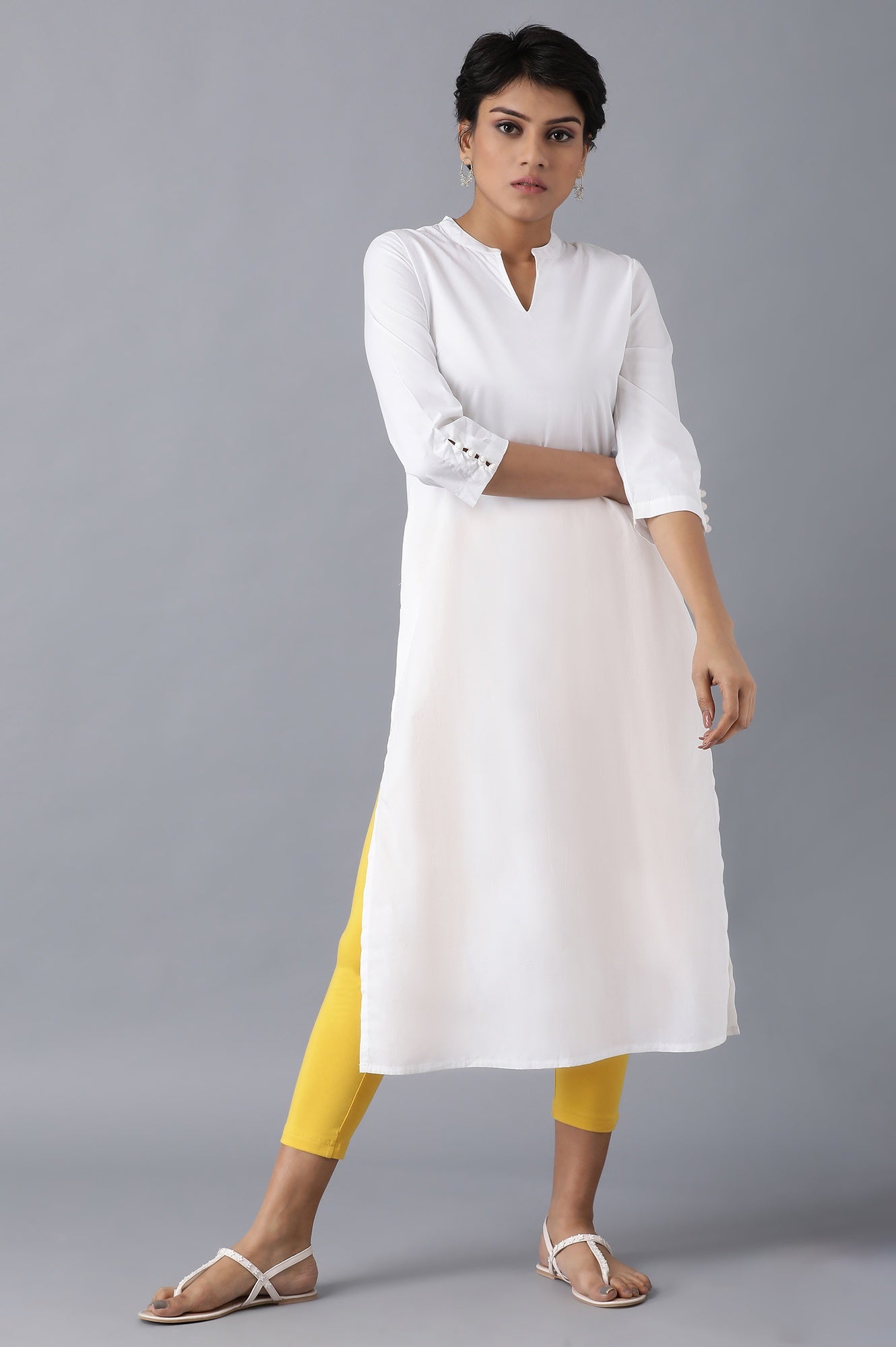 Yellow Solid Skinny Fit Cotton Cropped Tights With Elasticated Waistband