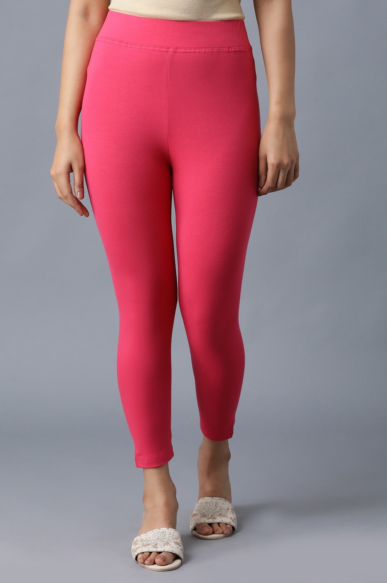Pink Solid Skinny Fit Cotton Tights With Elasticated Waistband