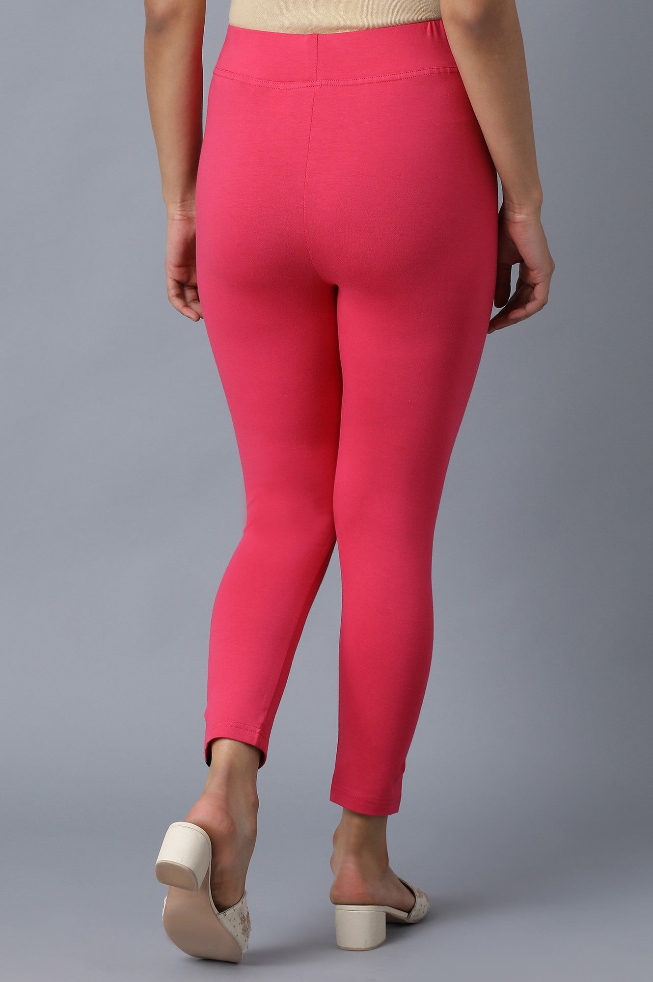 Pink Solid Skinny Fit Cotton Tights With Elasticated Waistband