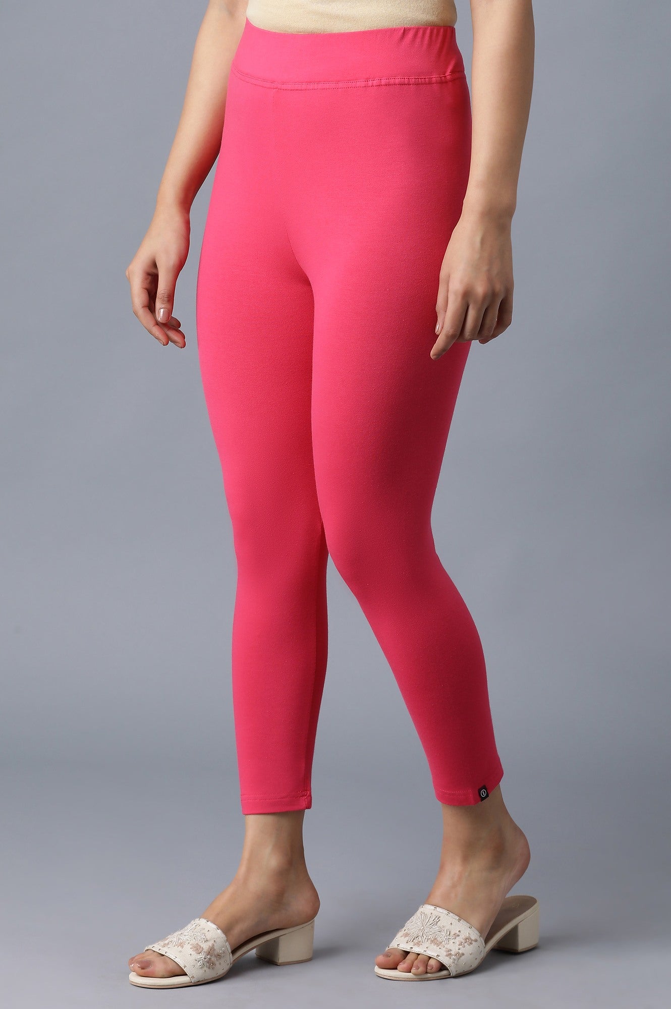 Pink Solid Skinny Fit Cotton Tights With Elasticated Waistband