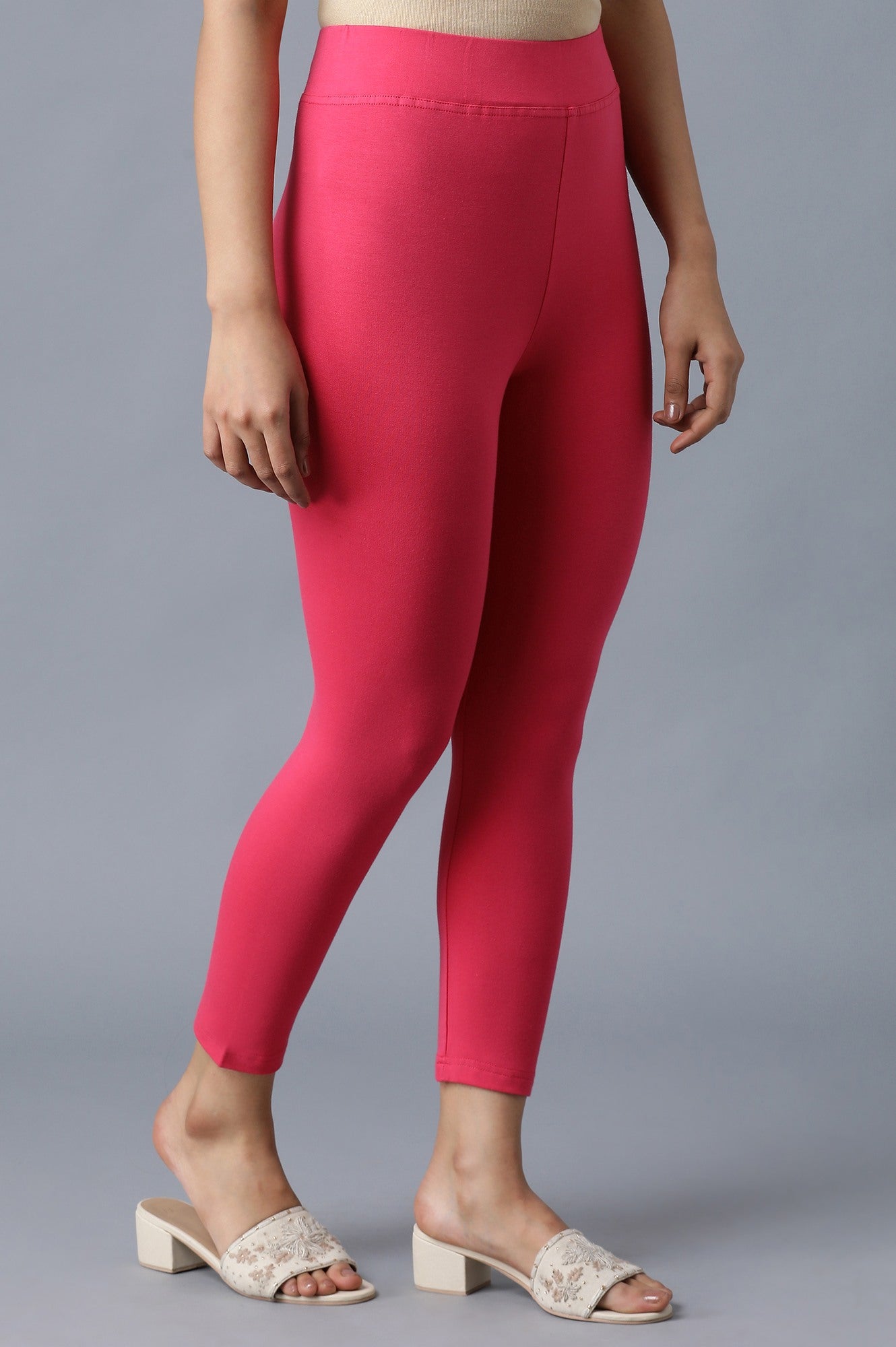 Pink Solid Skinny Fit Cotton Tights With Elasticated Waistband
