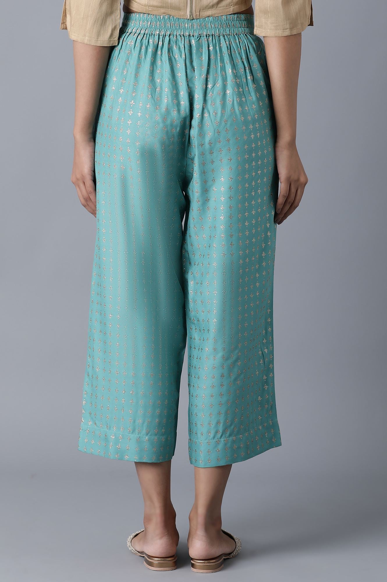 Muted Sage Green Solid Flared Palazzo With Elasticated Waistband