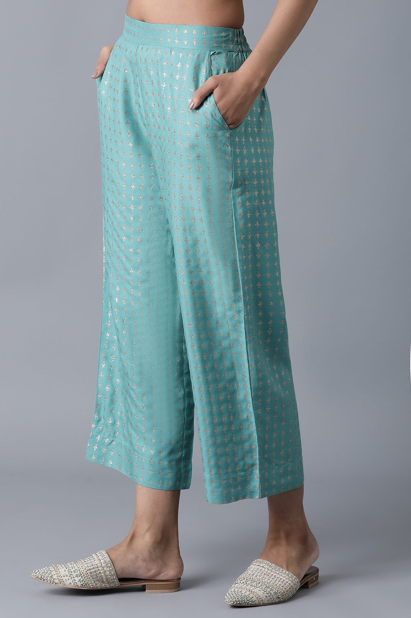 Muted Sage Green Solid Flared Palazzo With Elasticated Waistband