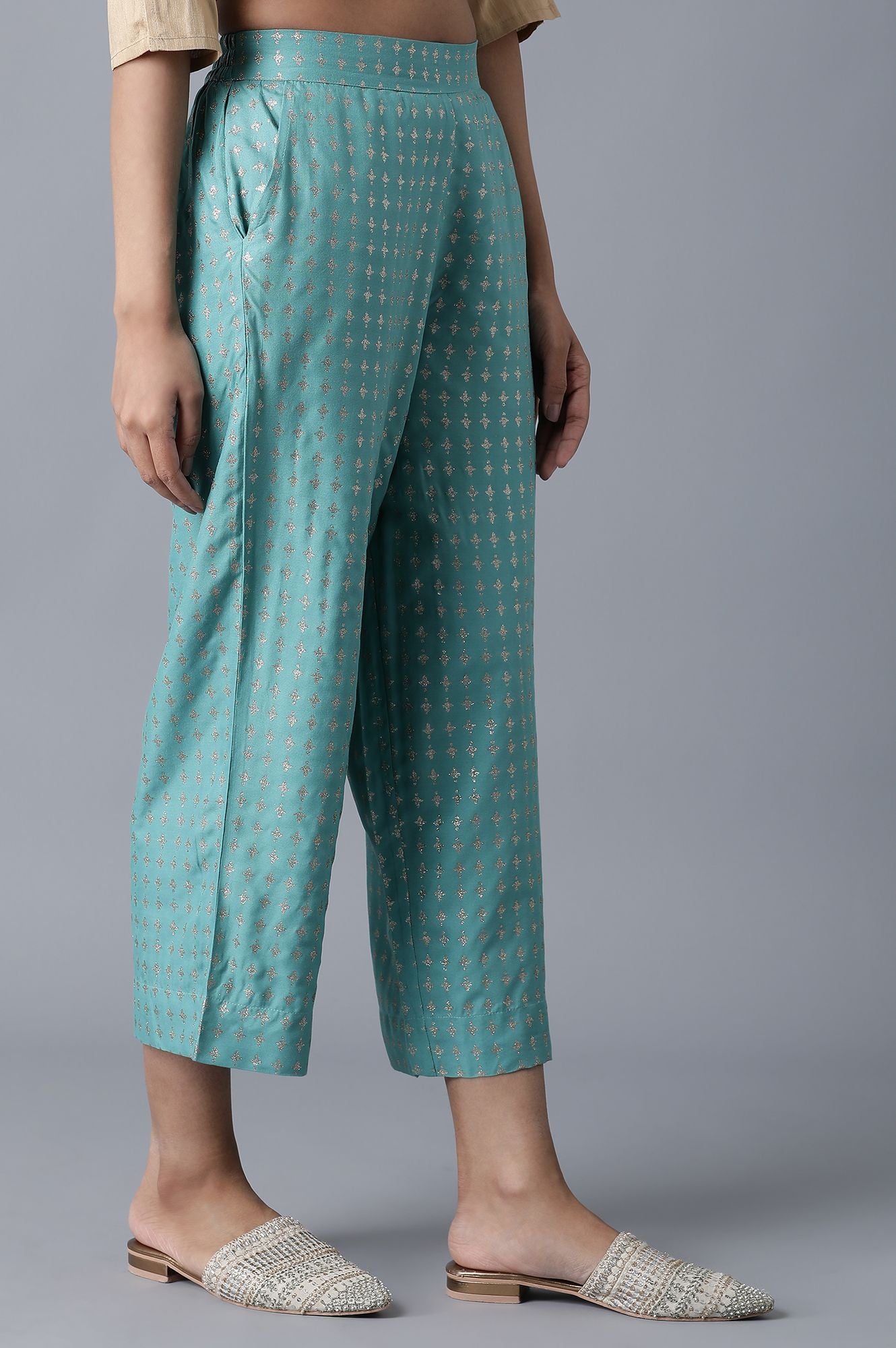 Muted Sage Green Solid Flared Palazzo With Elasticated Waistband