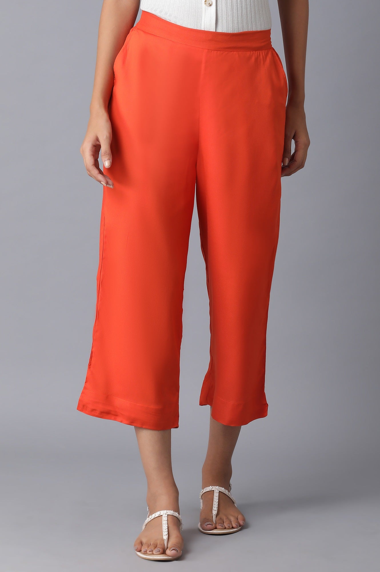 Orange Solid Straight Fit Culottes With Elasticated Waistband