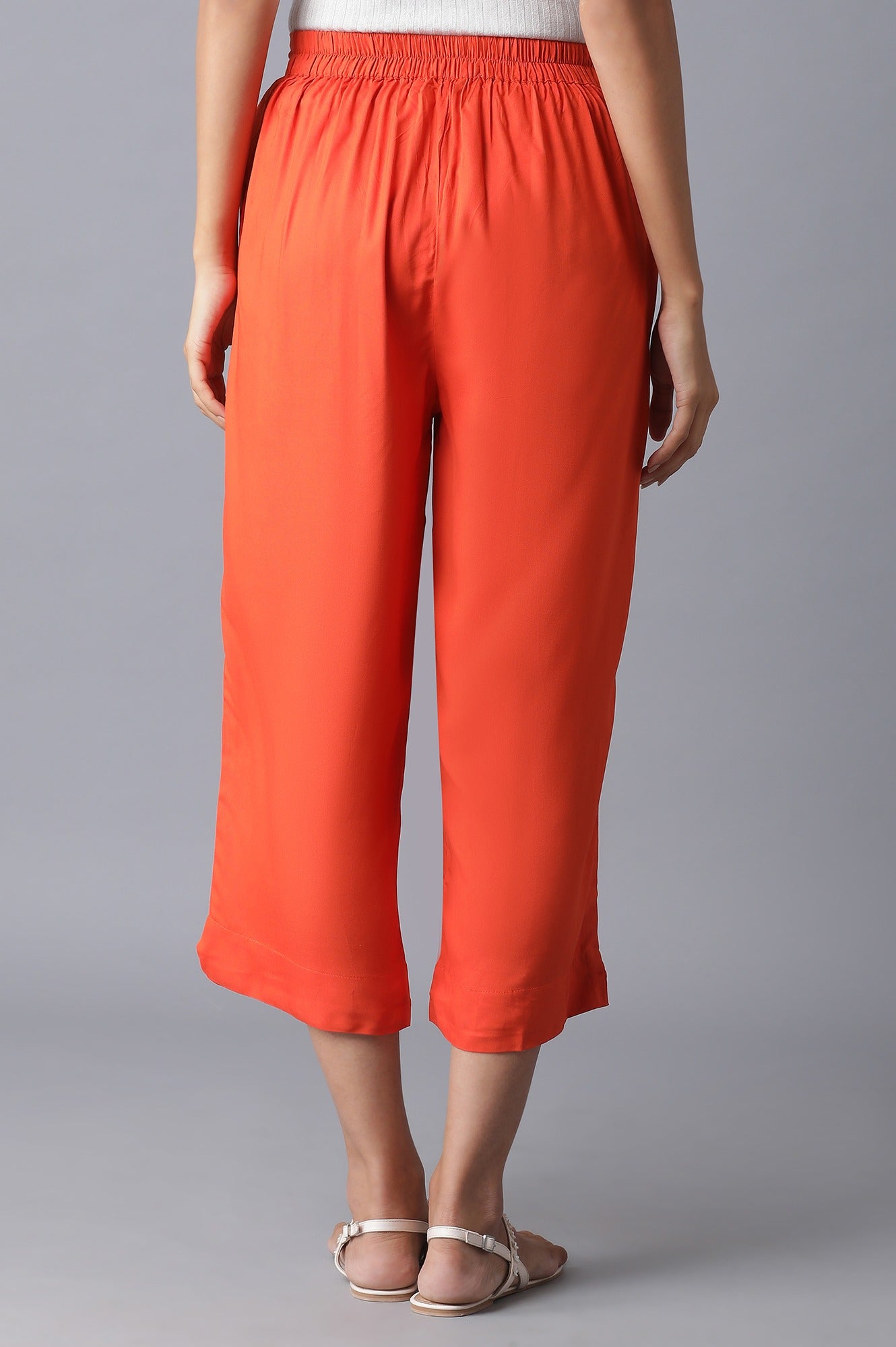 Orange Solid Straight Fit Culottes With Elasticated Waistband