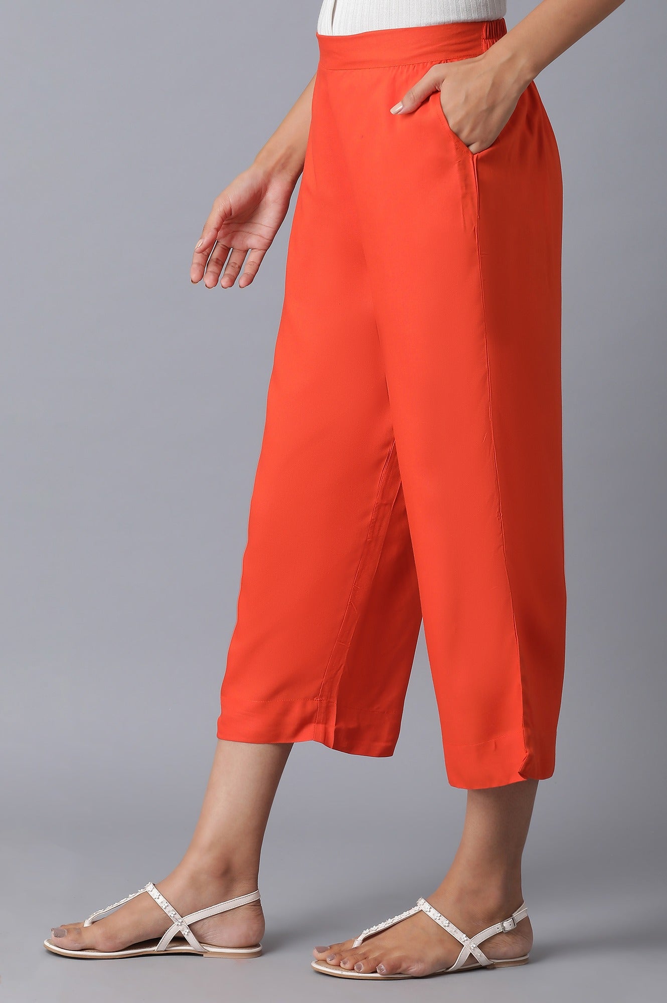 Orange Solid Straight Fit Culottes With Elasticated Waistband