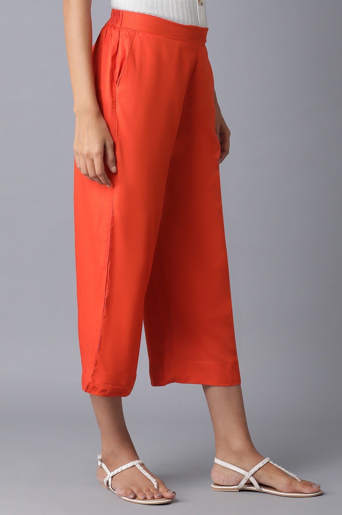 Orange Solid Straight Fit Culottes With Elasticated Waistband