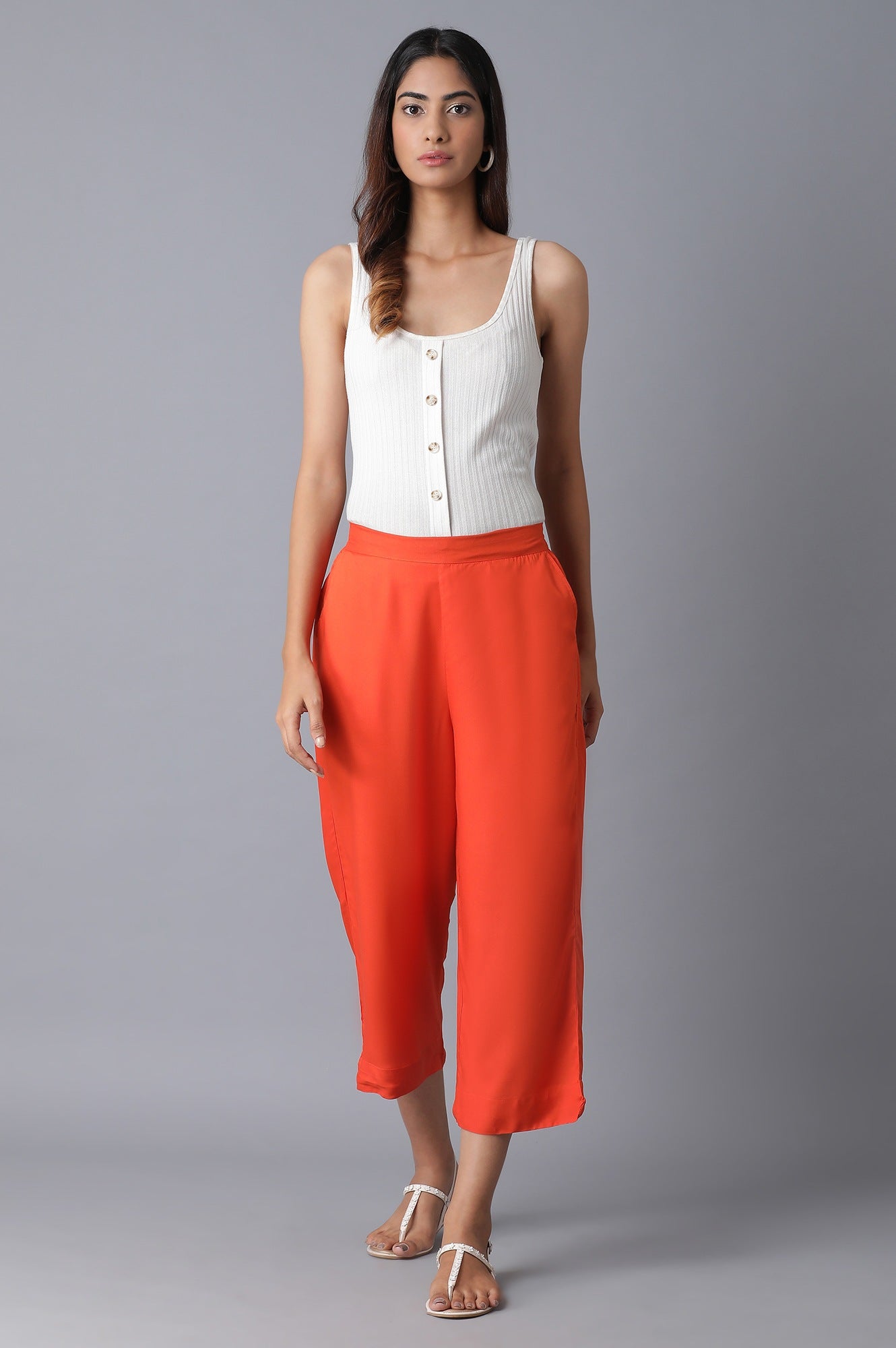 Orange Solid Straight Fit Culottes With Elasticated Waistband