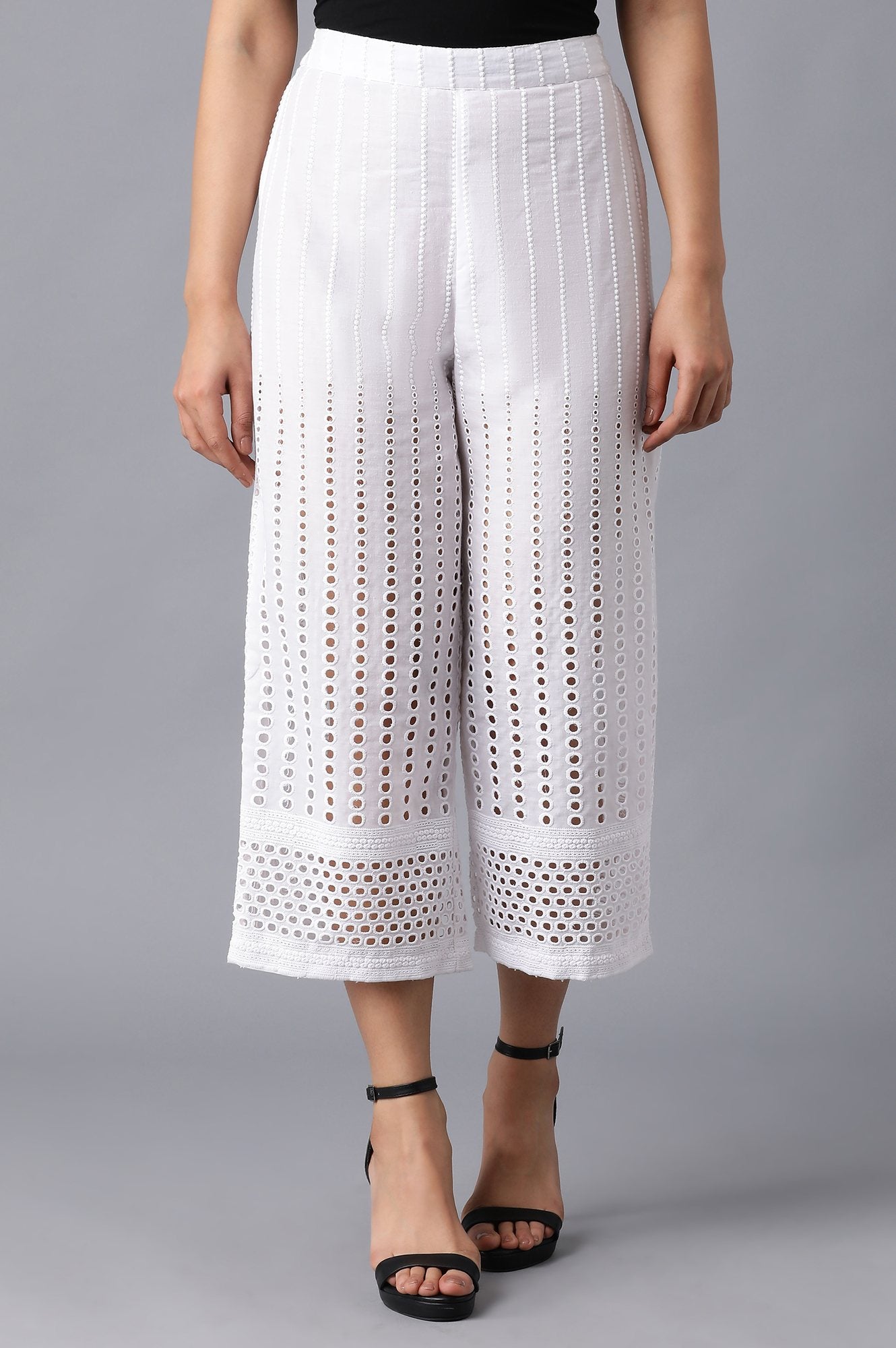 White Solid Wide Leg Cotton Culottes With Embroidered Eyelet Detail