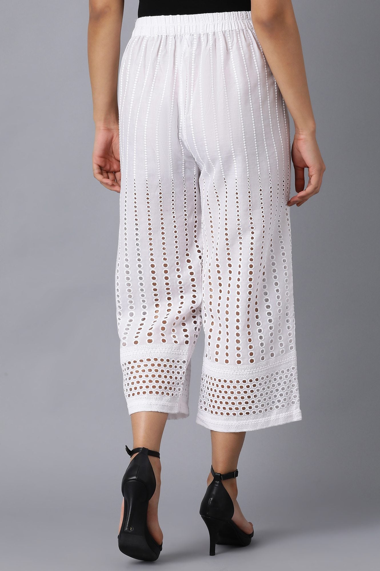 White Solid Wide Leg Cotton Culottes With Embroidered Eyelet Detail